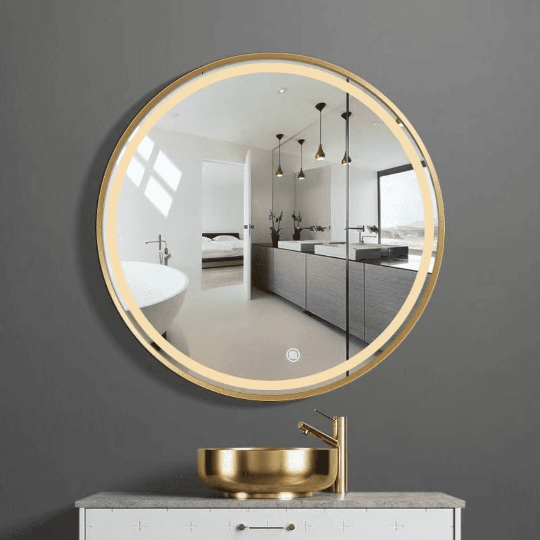 Round LED Mirror with Gold Aluminium Frame Modern Circular Vanity Mirror