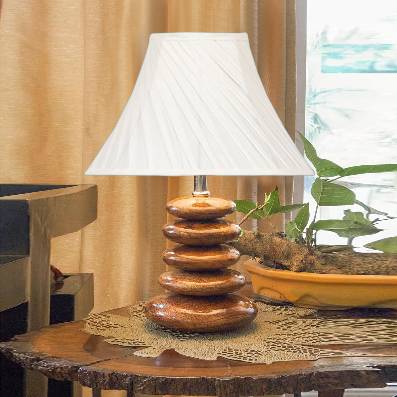 Devansh Cross Pleated Cotton Table Lamp With Wood Pebble Lamp (12X12X16.5) Inches -C