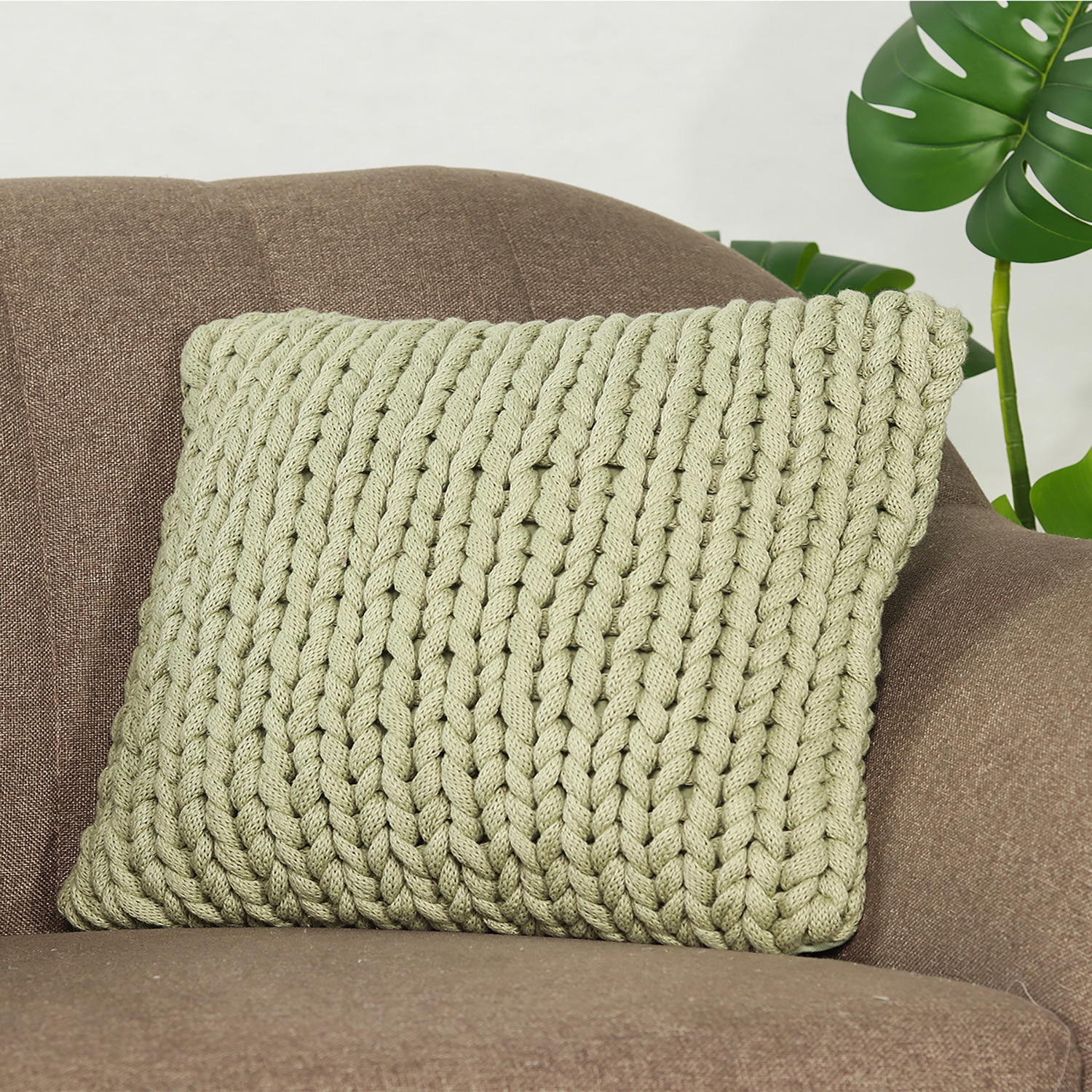 Rapunzel Pistachio Green Hand Braided Cotton Cushion Cover 16X16 Inches