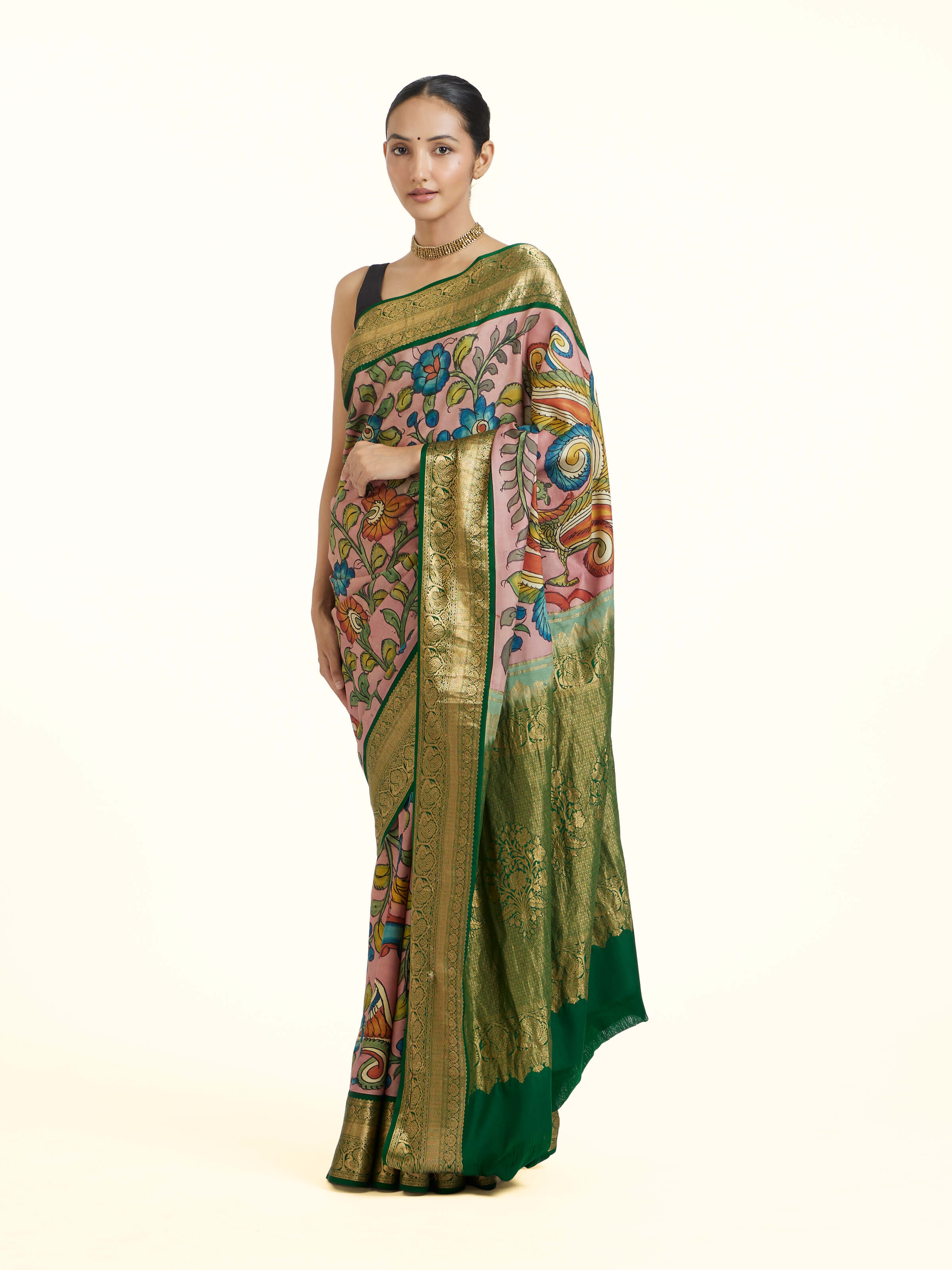 Silk Kalamkari Painted Kanchipuram Saree