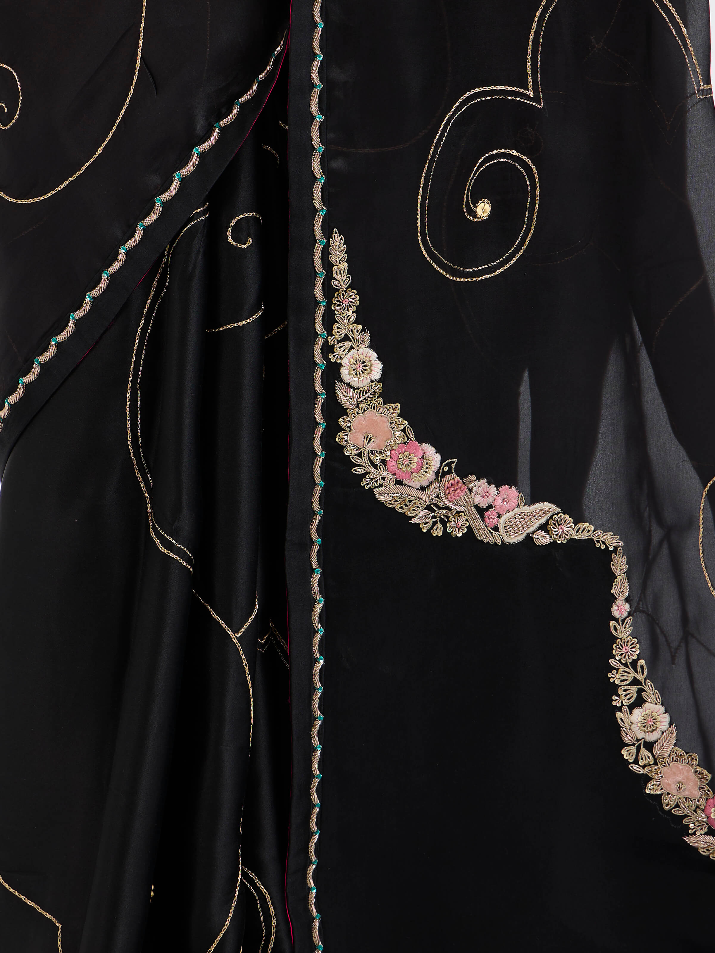 Detail view of black silk zardozi saree showing zardozi craftsmanship