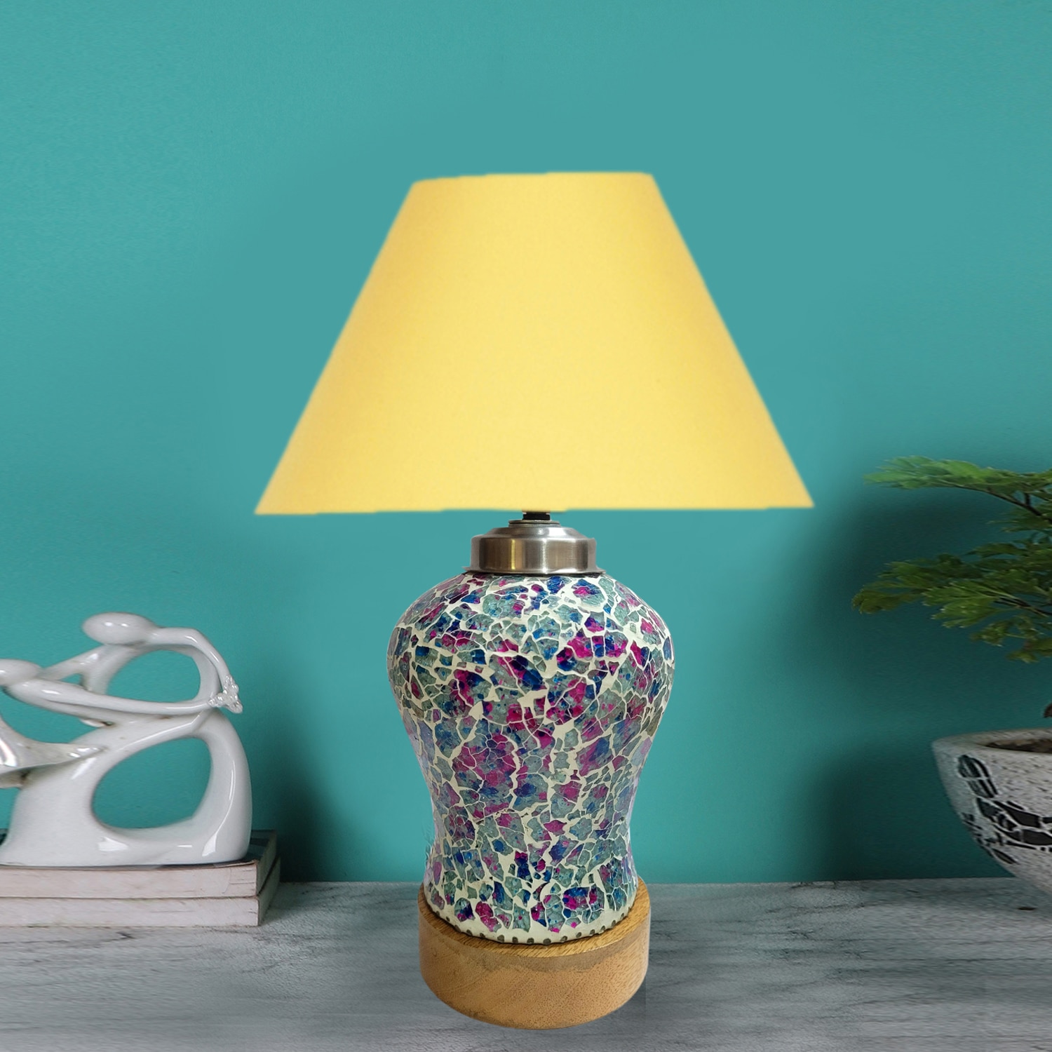Devansh Conical  Yellow Cotton Shade  Lamp With  Wood & Mosaic Glass Base For Decoration /Office/Home/Gifting/Study For Decoration /Office/Home/Gifting/Study -(10X10X14.5) Inches - - Devansh