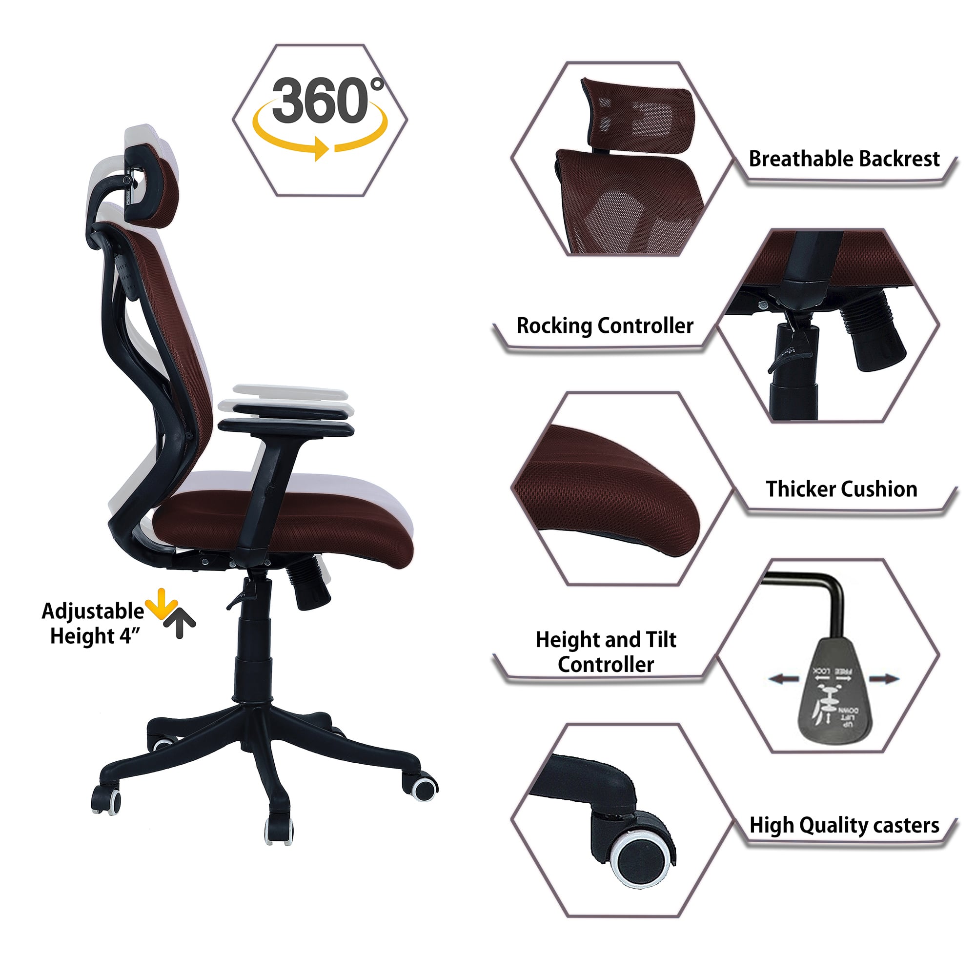 Zeeazyana High Back Ergonomic Chair in Brown Colour
