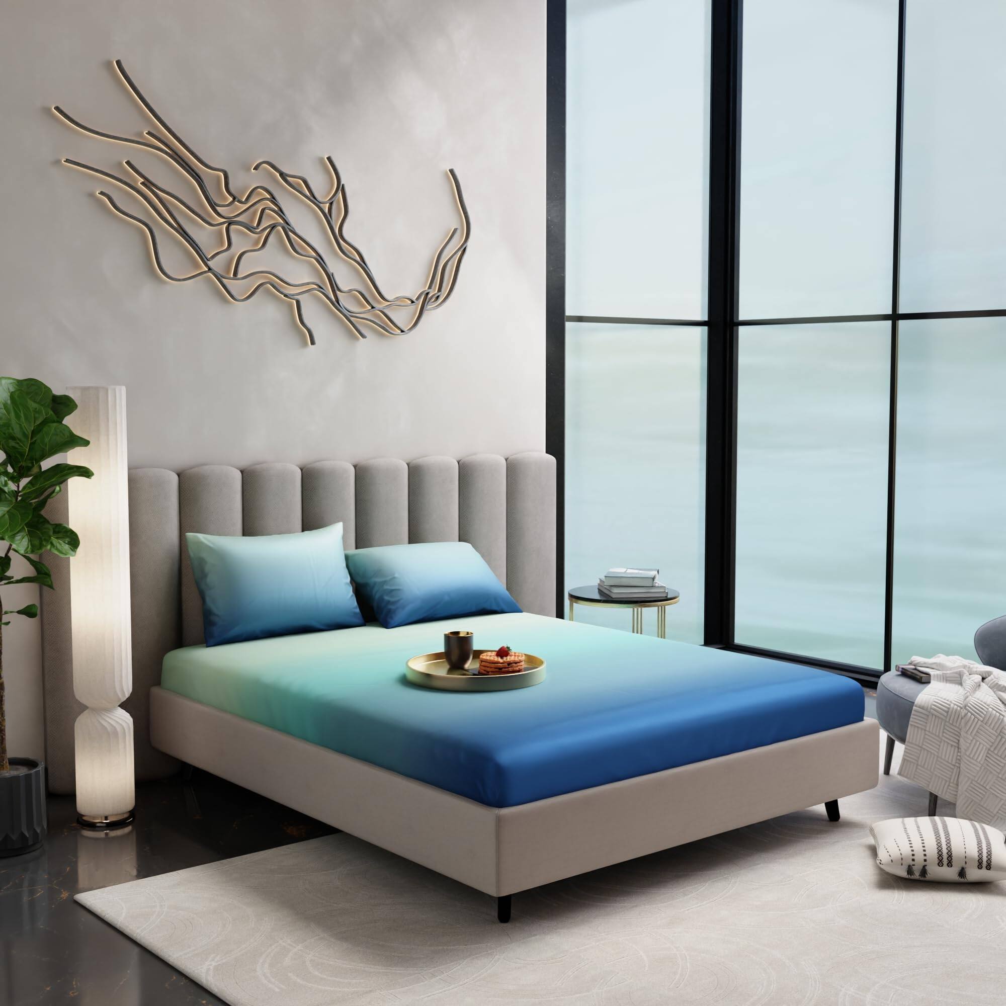 Stoa Paris 300TC UltrSatin Double Bedsheet Set Satin Double Blue Green - Stoa Paris