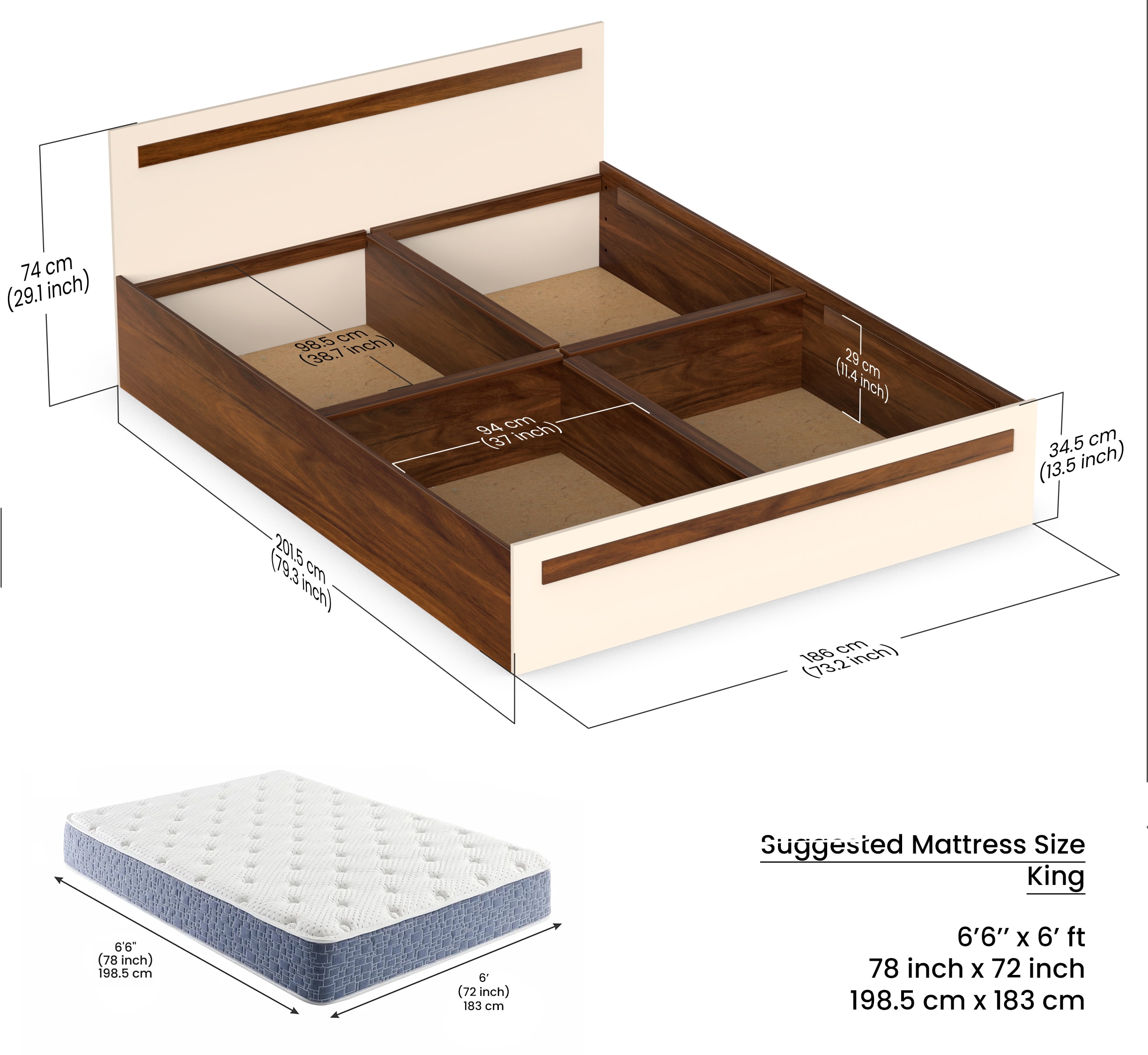 BLUEWUD Maltein Engineered Wood Double Bed, King Size Bed with Storage Box for Bedroom Home Furniture (Brown Maple & Beige)