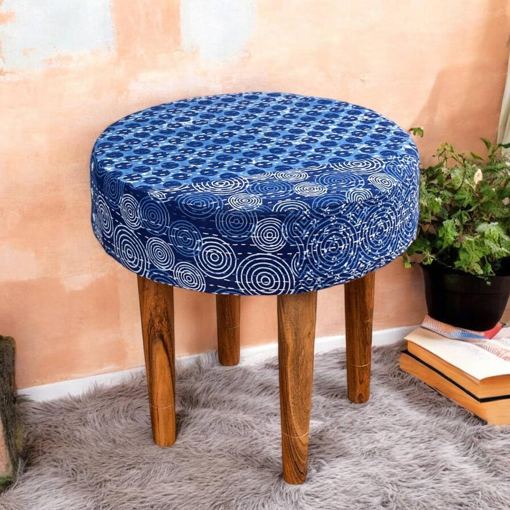 Nayla Solid Wood Stool in Indigo Patch Kantha Fabric