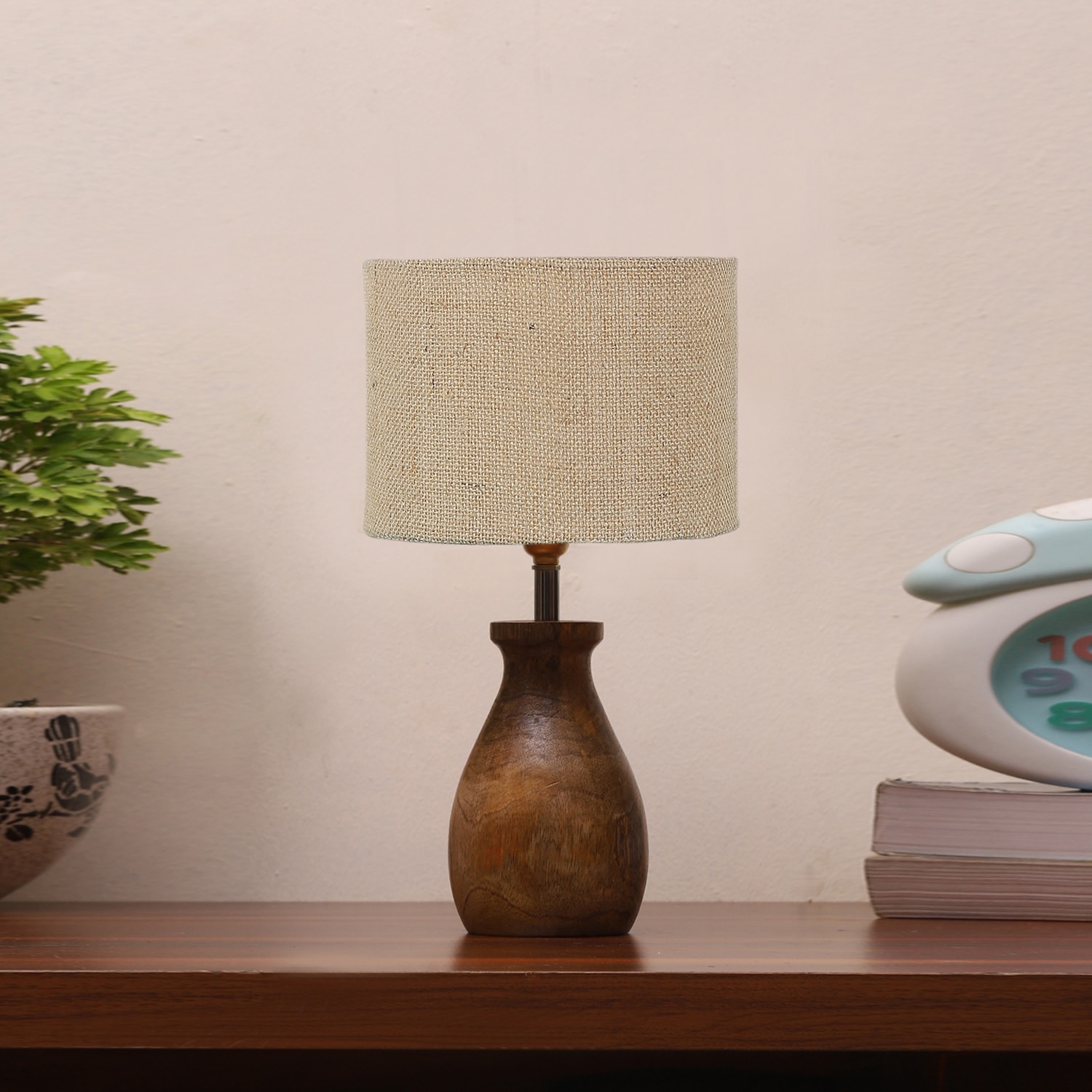 Devansh Beige Jute Table Lamp With  Wood Natural Base (7X13 Inches)-9