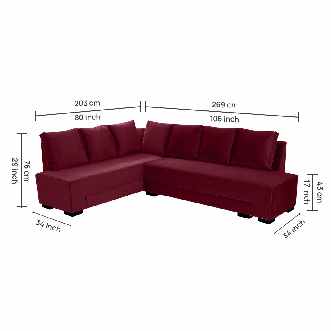 Melo 3 Seater Left Sectional Velvet Sofa Cum Bed in Maroon colour
