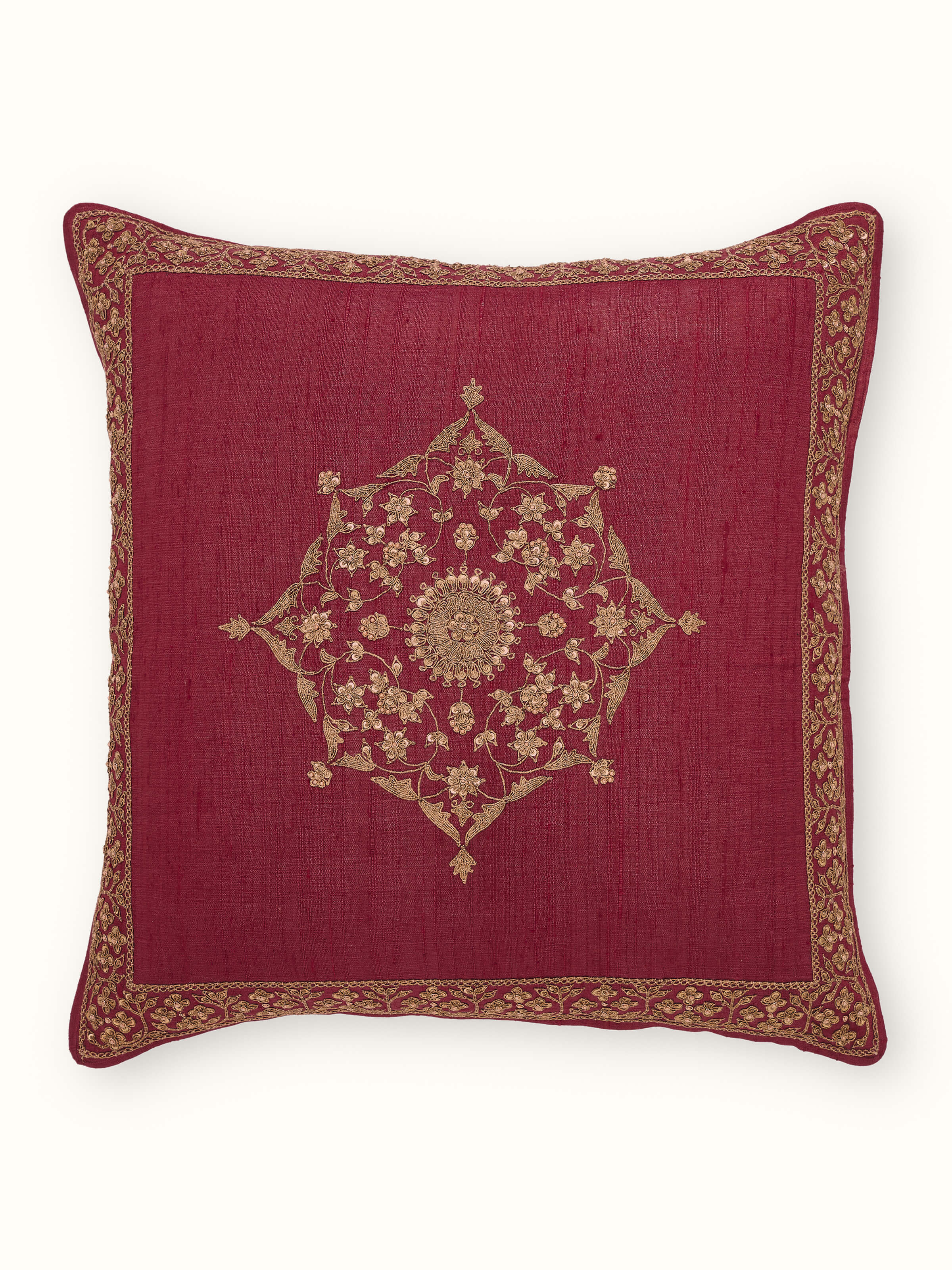 Alankar Maroon Buta Silk Zardozi Embroidered Cushion Cover