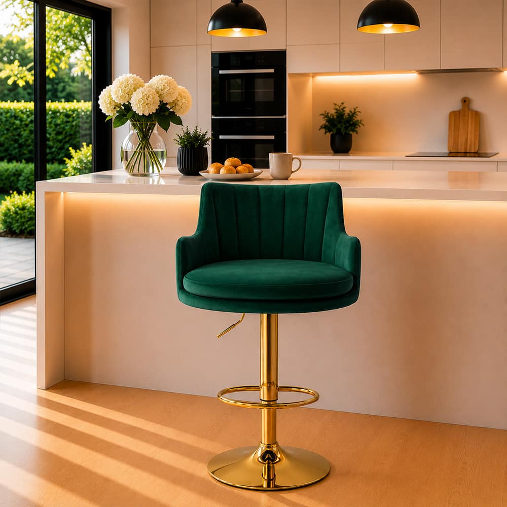 Doe Buck Oliver Adjustable Velvet Bar Stool in Green Colour with Gold Base - Doe Buck