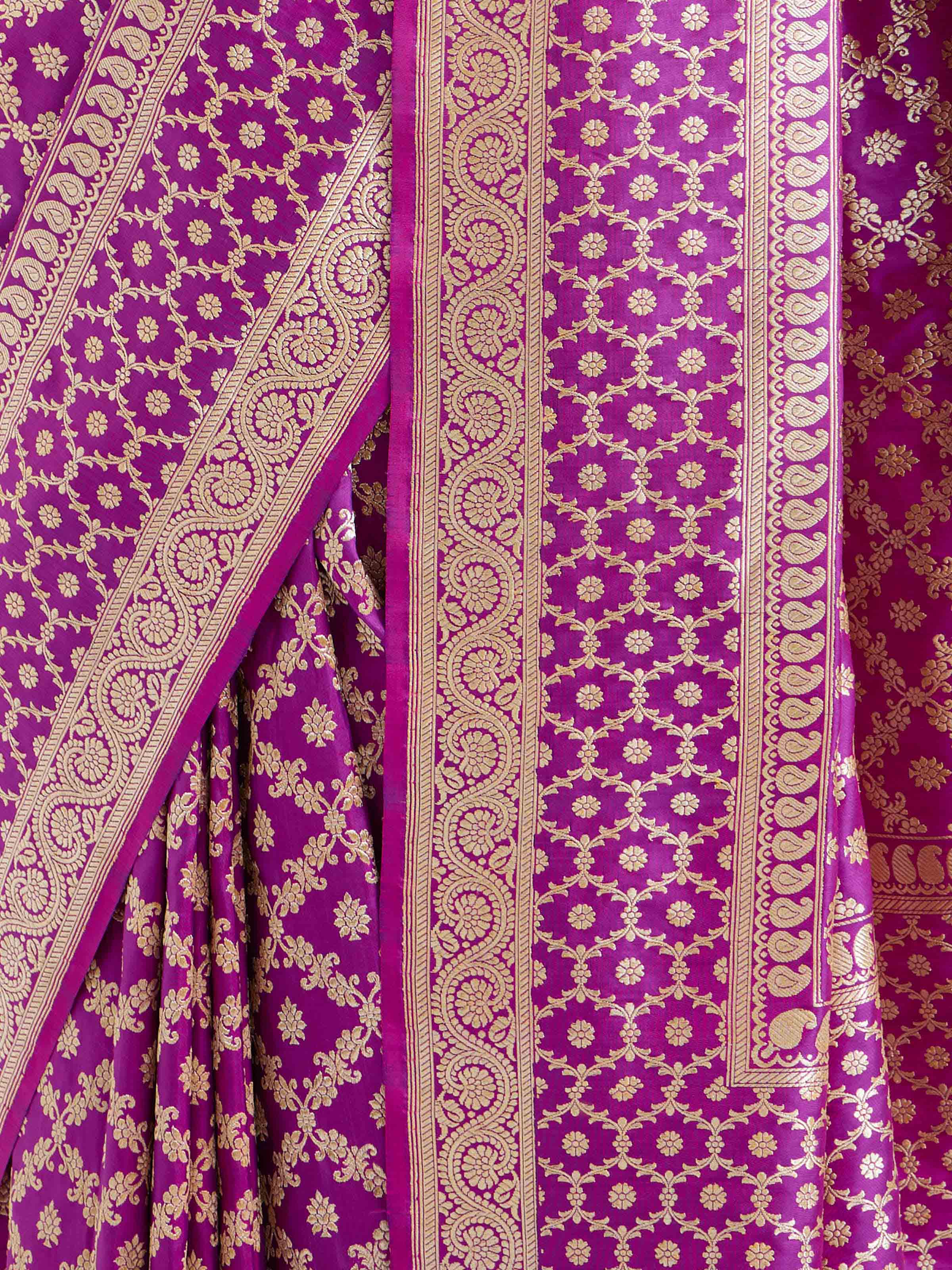 Detail view of purple katan mulberry silk Banarasi saree showing silk texture