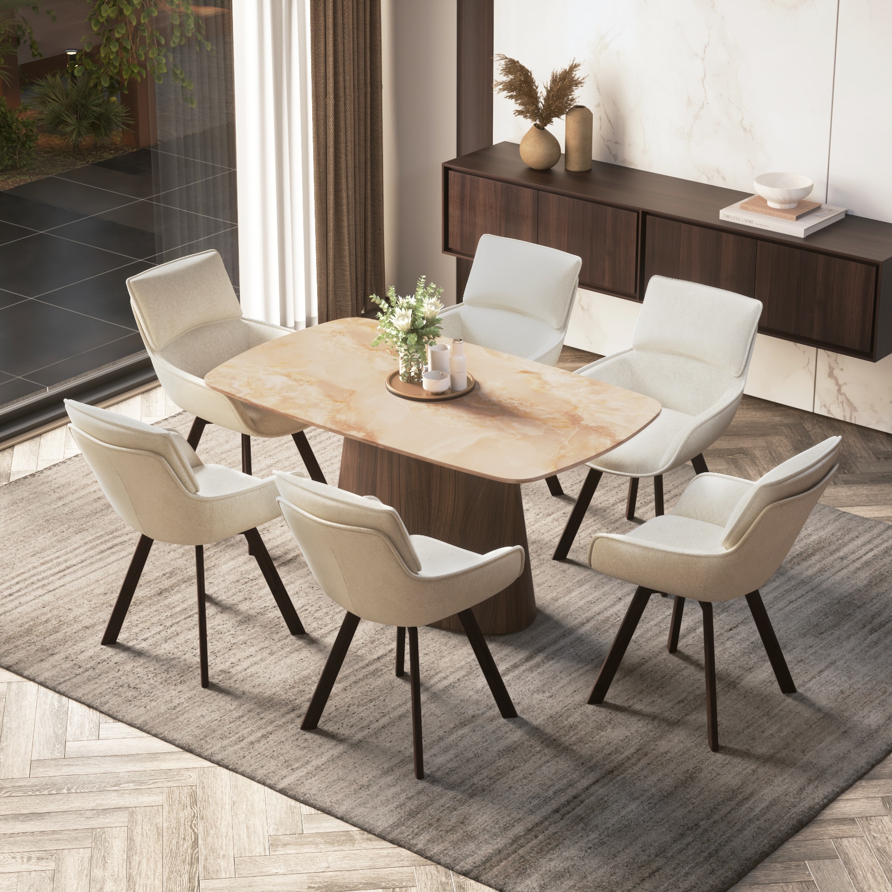 Nola Compact 6 Seater Dining Table With 6  Bren Dining Chairs (Finish : Amber Jade Ceramic, Chair Colour : Ivory)