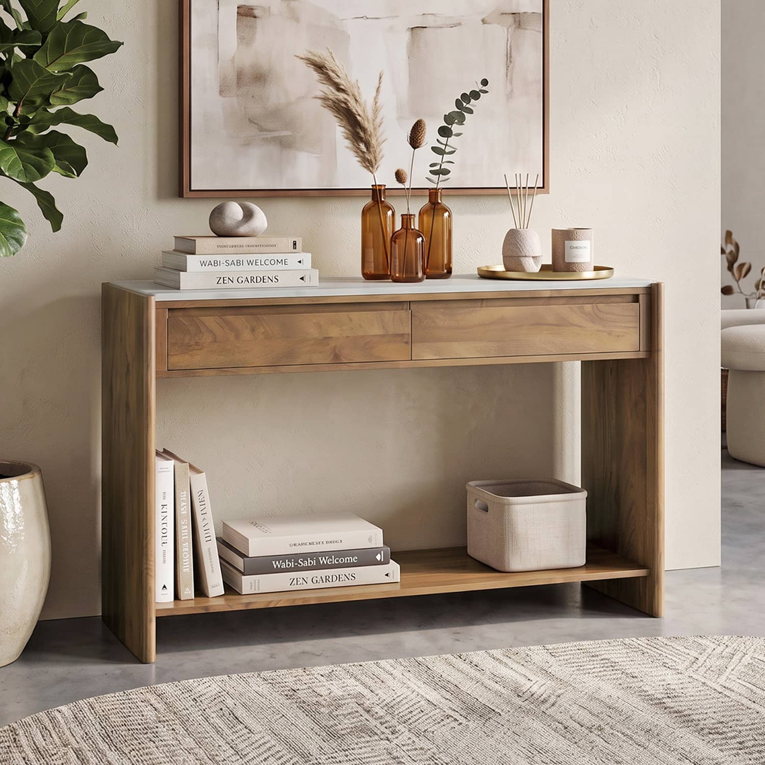 Tavo Solid Wood and Banswara Console Table In Golden Ash Finish