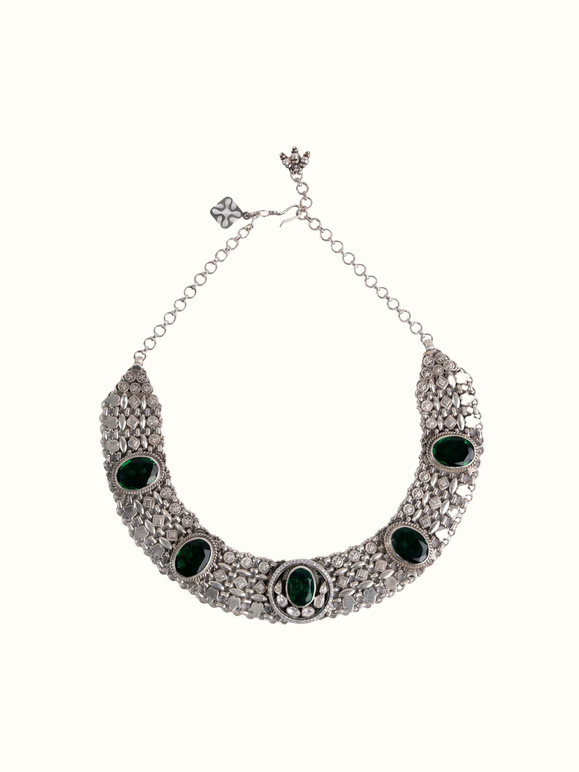 Front view of silver smithing collar necklace