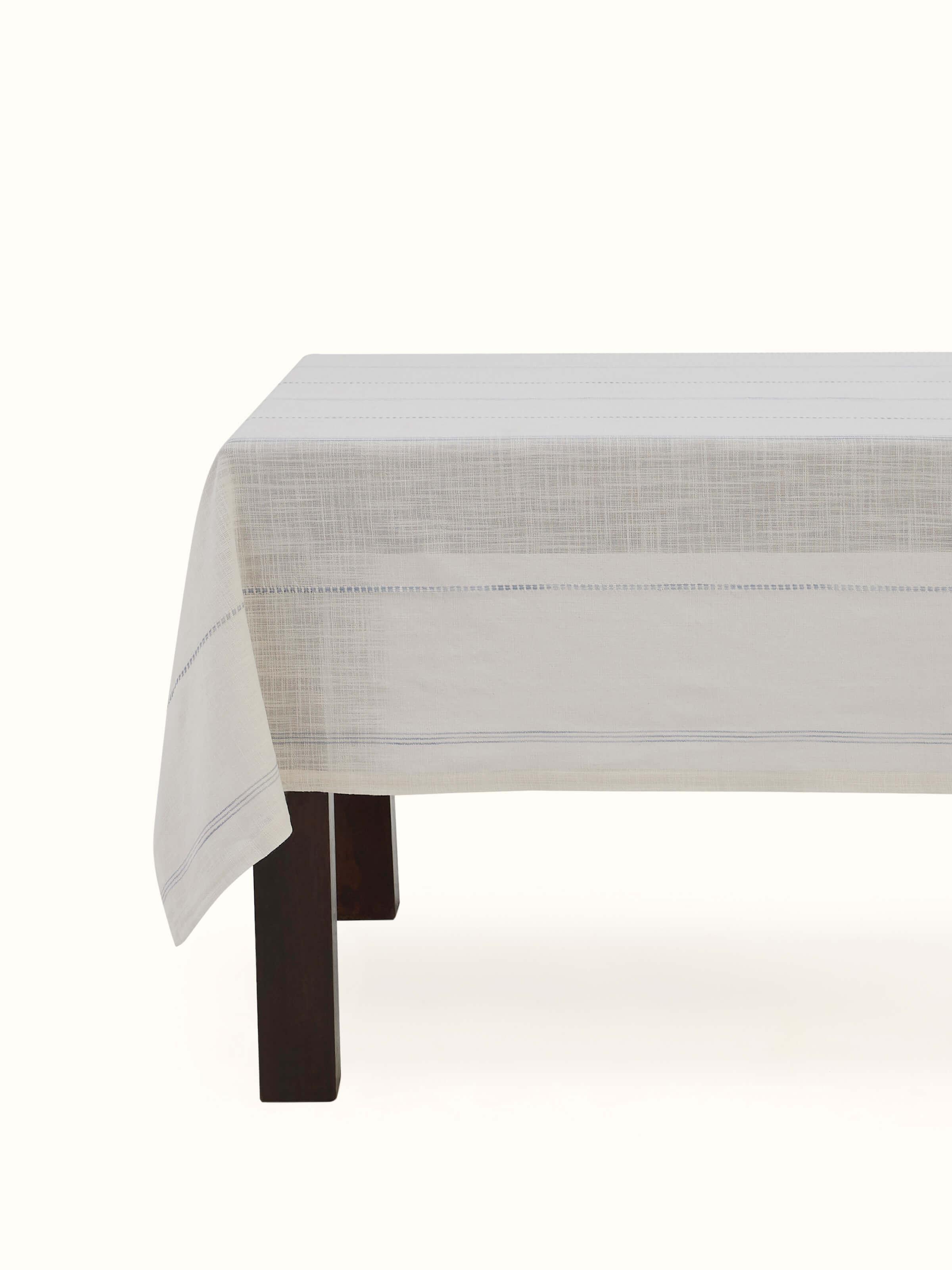 Front view of Arth Light Blue Stripe Cotton Handloom Table Cover for 6-seater dining table by Swadesh