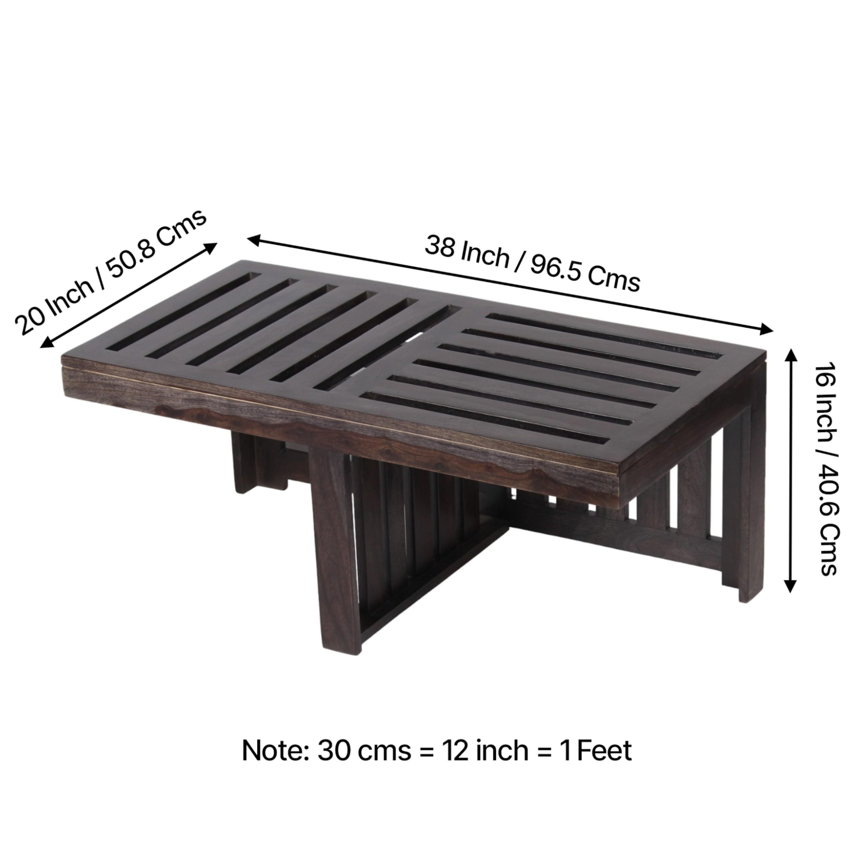Irish Sheesham Wood Coffee Table With 2 Stools Set In Mahogany Finish & Multi Colour Israel Print Kantha Fabric Cushions