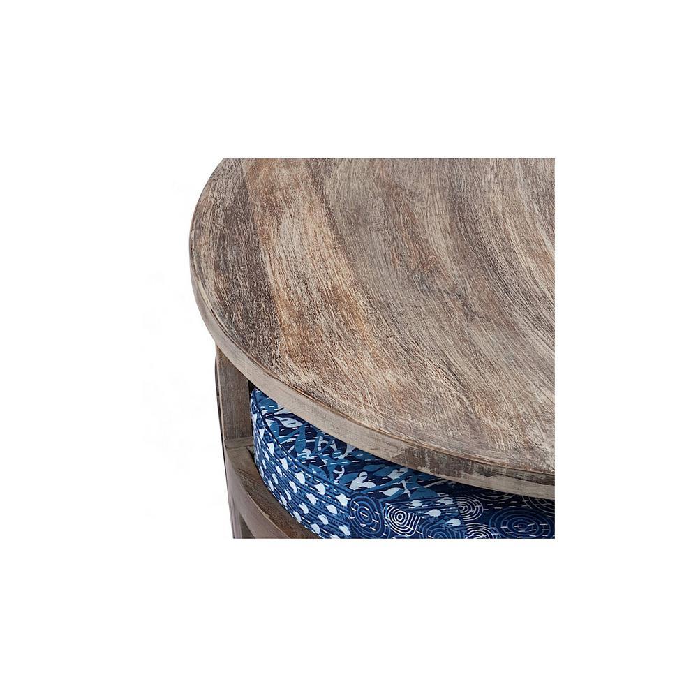 Nashville Sheesham Wood 4 Seater Coffee Table Set In Antique Grey Finish Indigo Patch Kantha Cushion