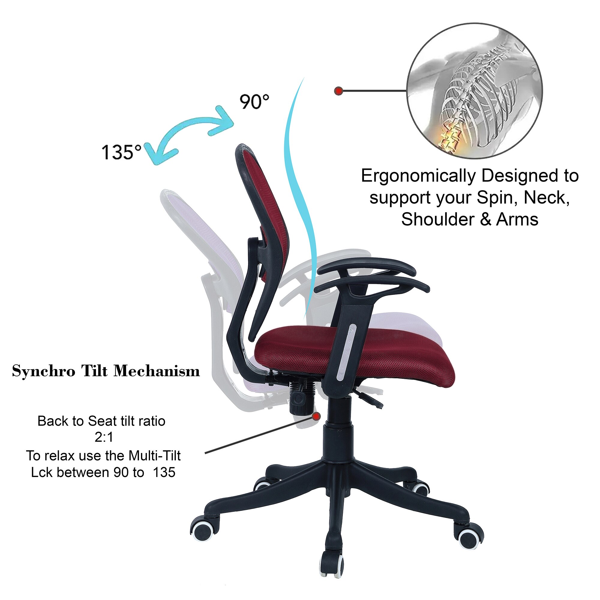 Aaeroa Low Back Ergonomic Chair in Maroon Colour