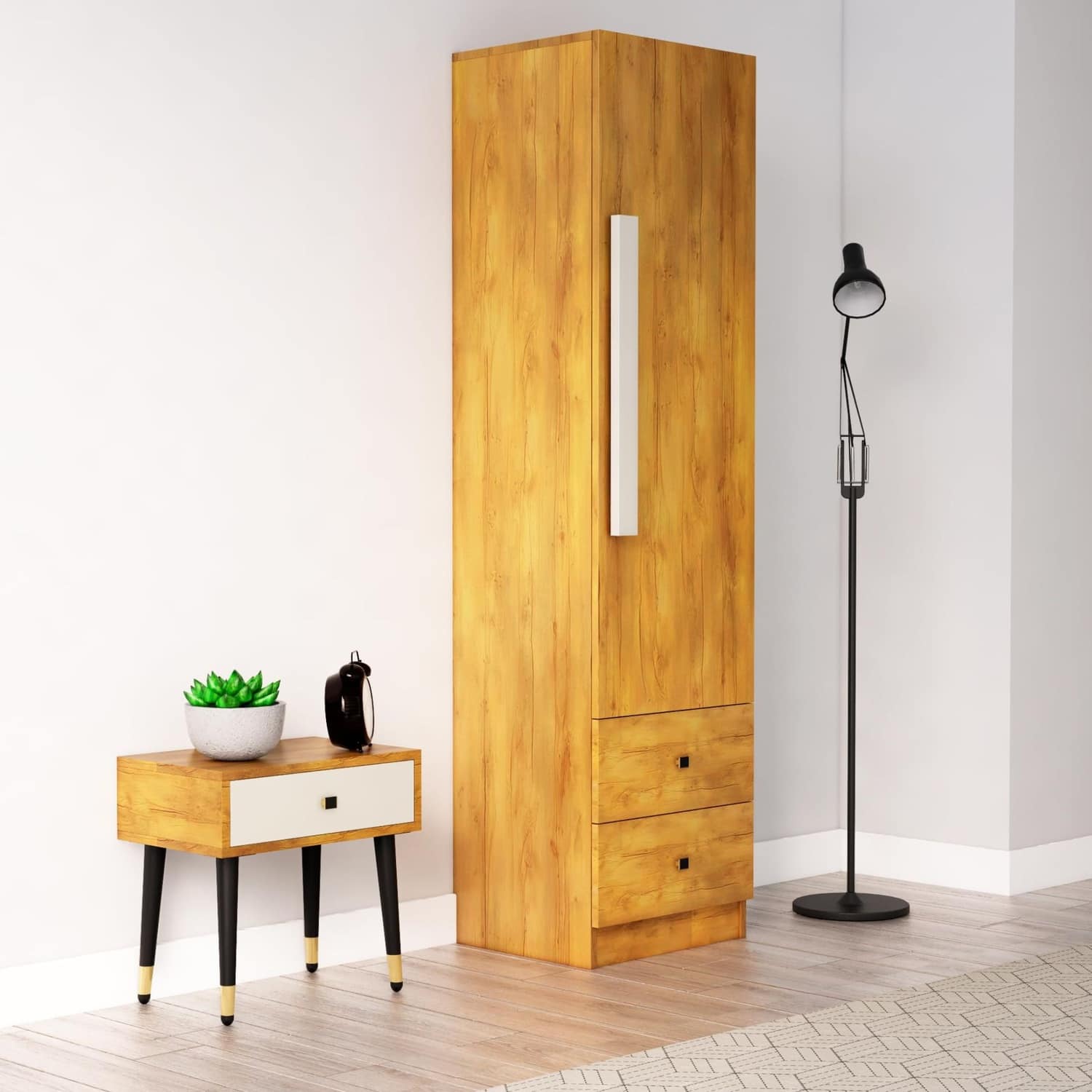 Hexa Red Wooden 1 Door Wardrobe with 2 Drawers and Hanging Space in Giant Wood Colour - HexaRed