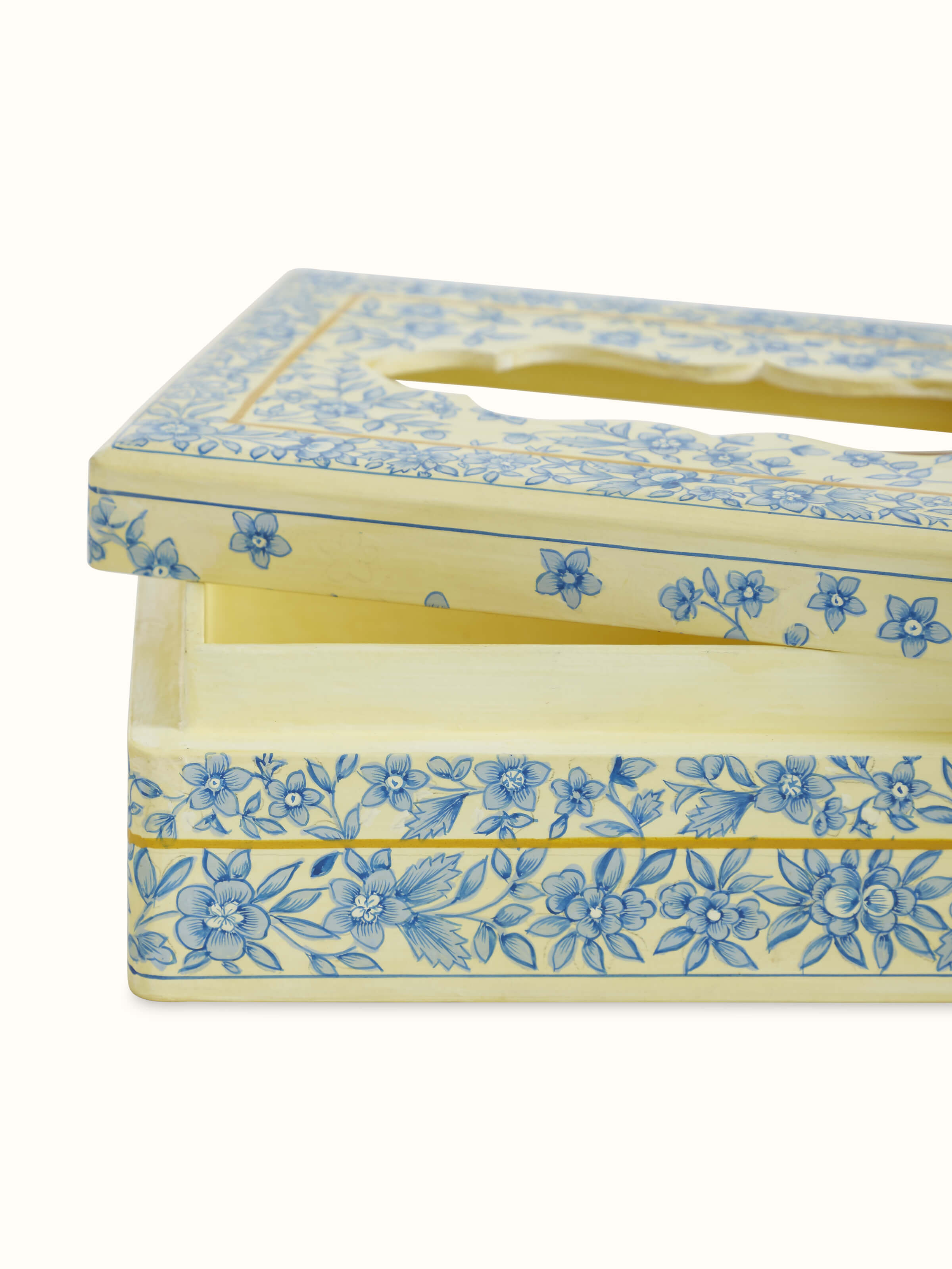 Back view of white Papier-mache & Wood Tissue Box from Swadesh showing its sturdy build and refined finish