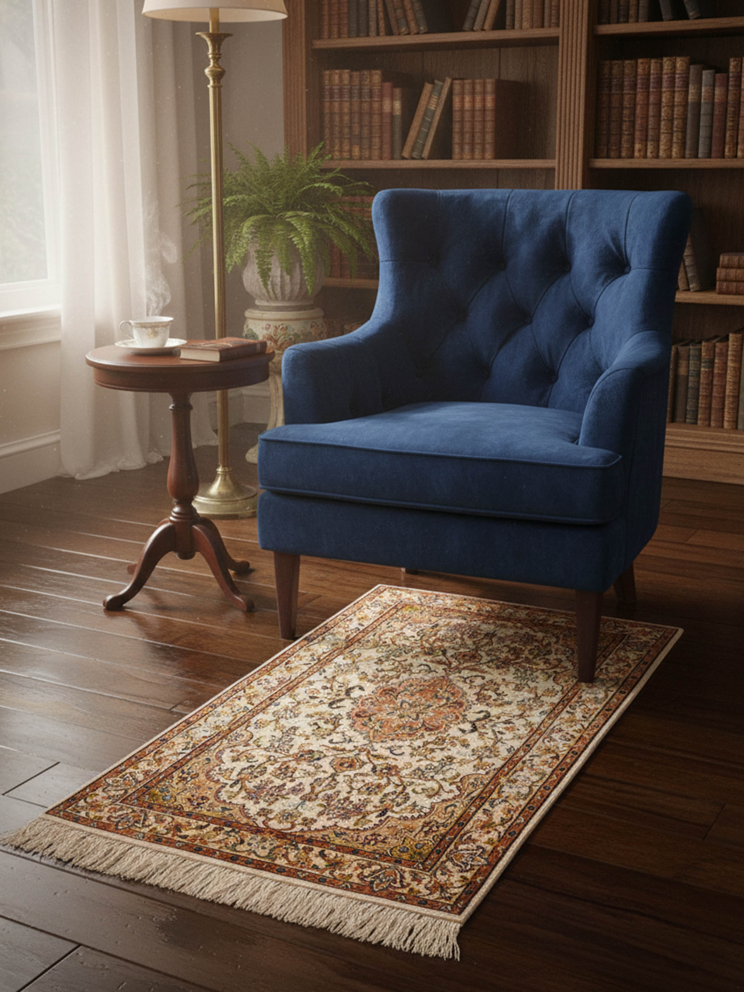 Traditional Kashan Ivory Kashmir Silk Hand-Knotted Carpet