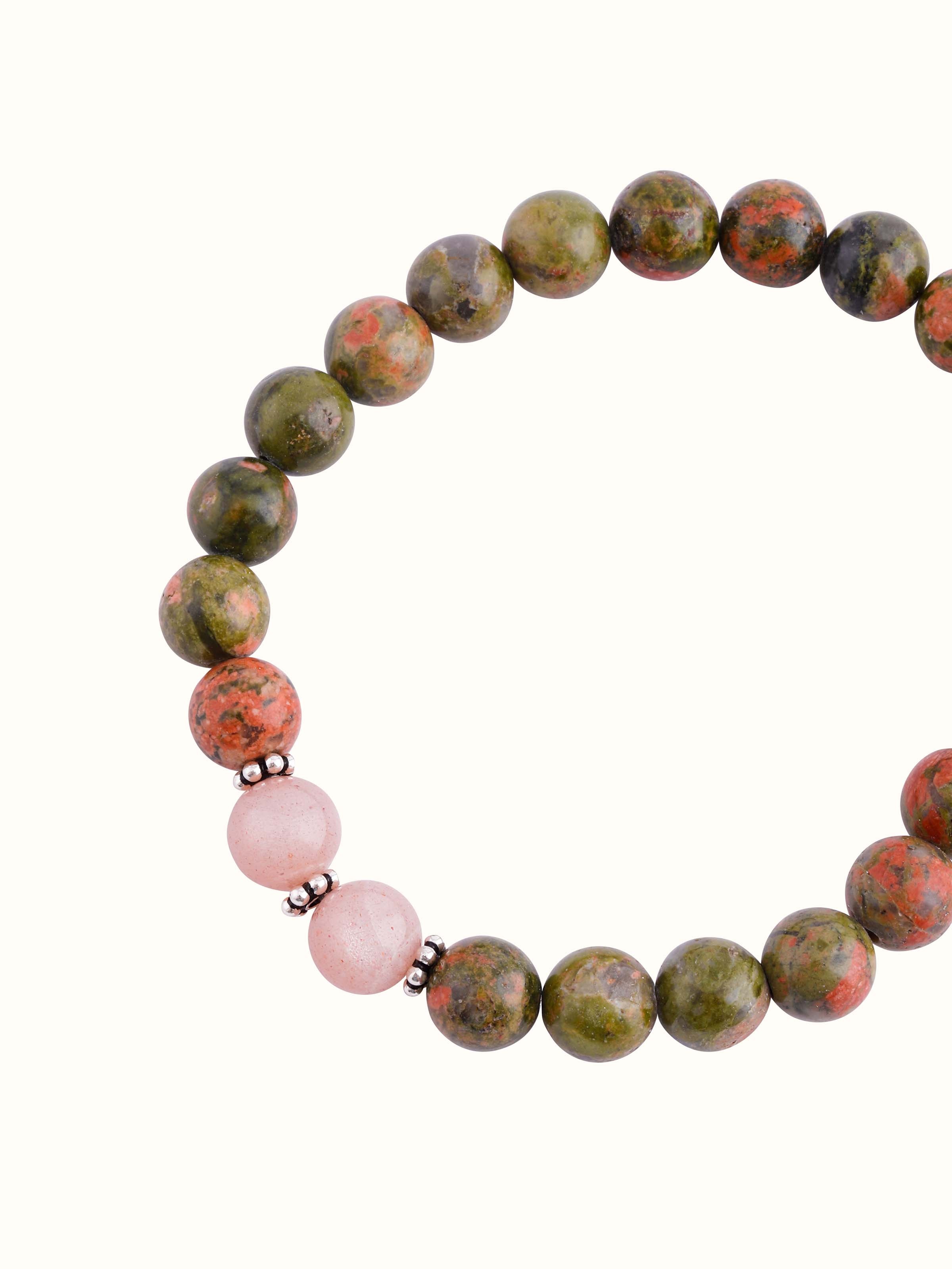 Top view of Unakite & Peach Moonstone Silver Bracelet focusing on the harmonious blend of unakite and moonstone beads