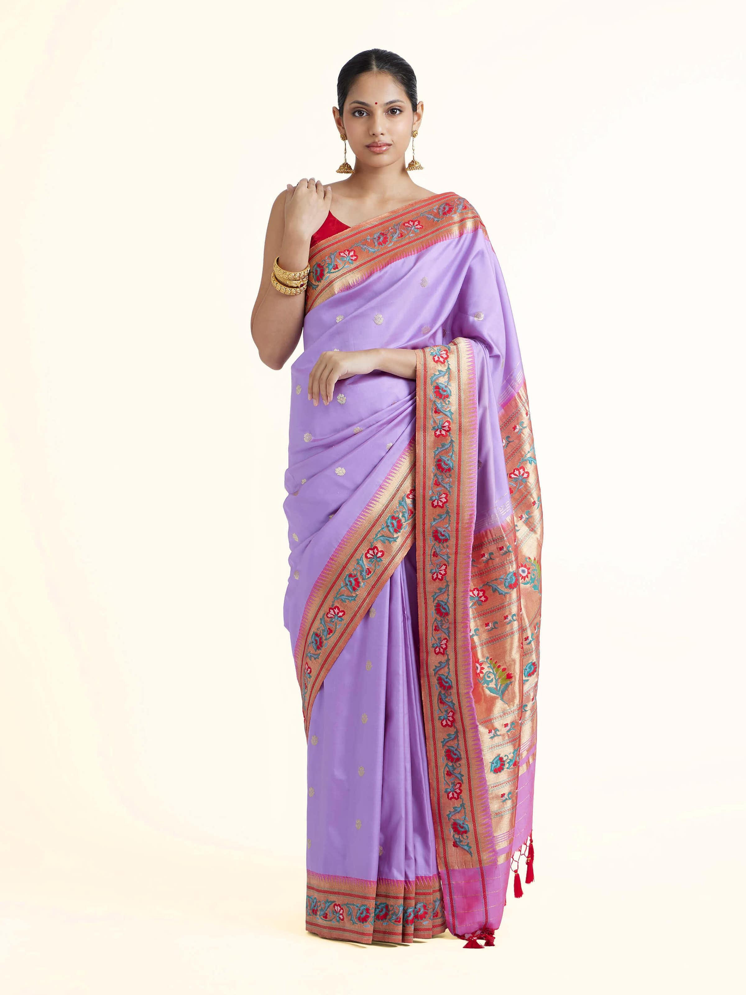 Front view of Babitha silk Paithani saree with traditional woven motifs
