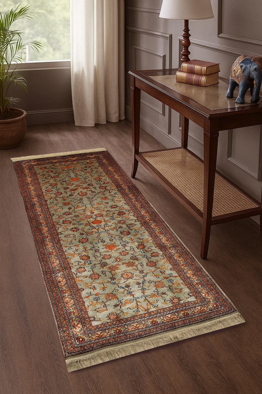 Traditional Persian Allover Kashmir Silk Hand-knotted Runner