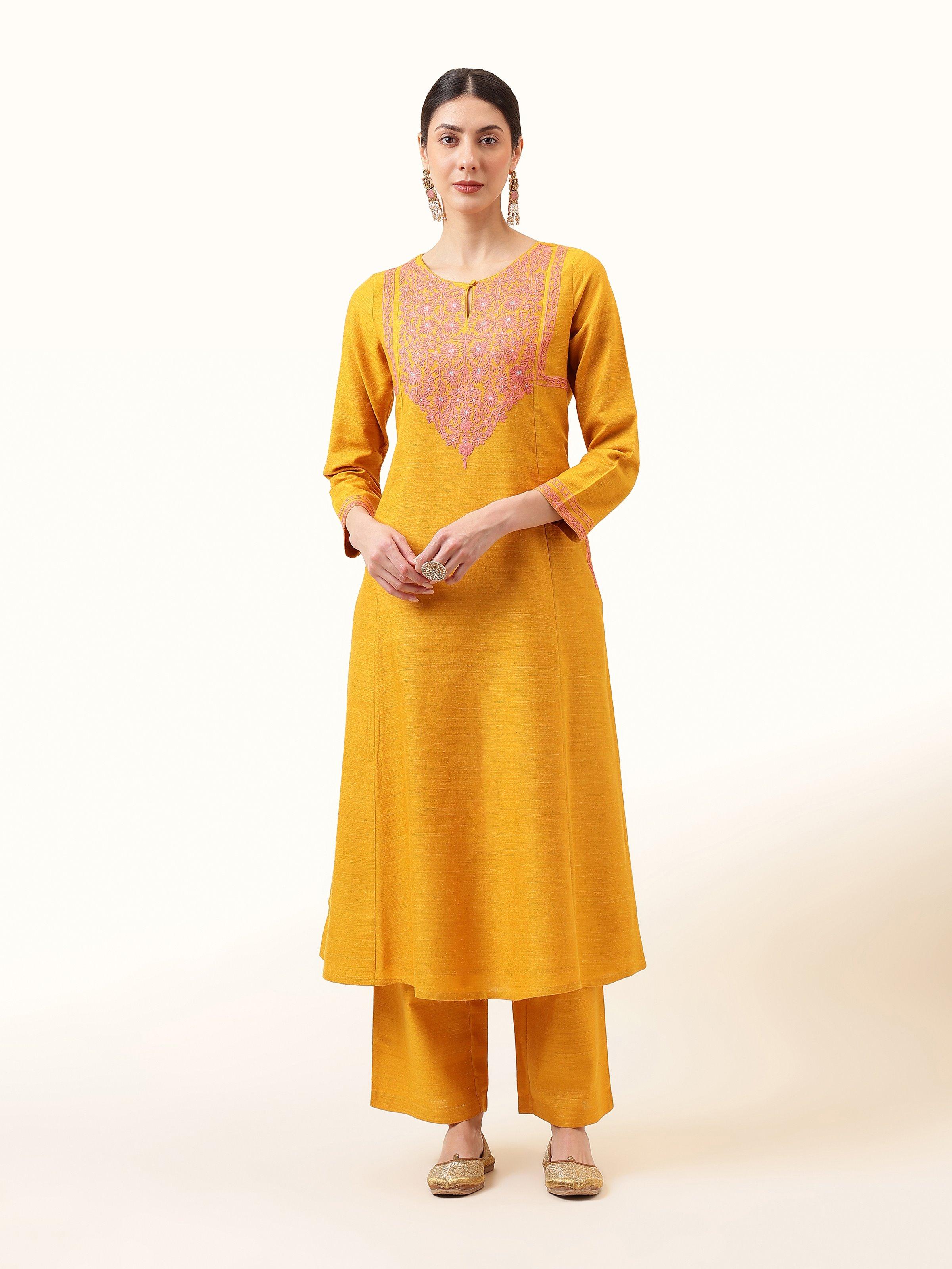 Mustard Silk Crewel Embroidered A-Line Kurta