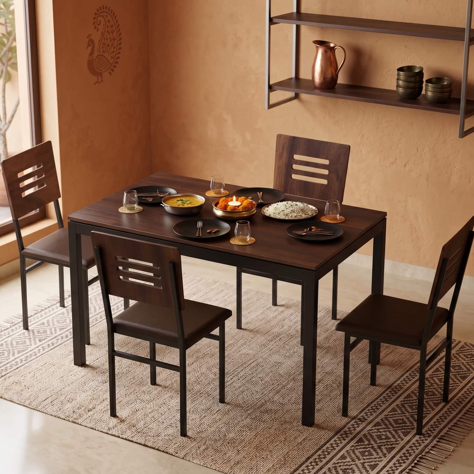 Holven 4 Seater Rectangular Dining Table Set with Chair Brown Maple & Black