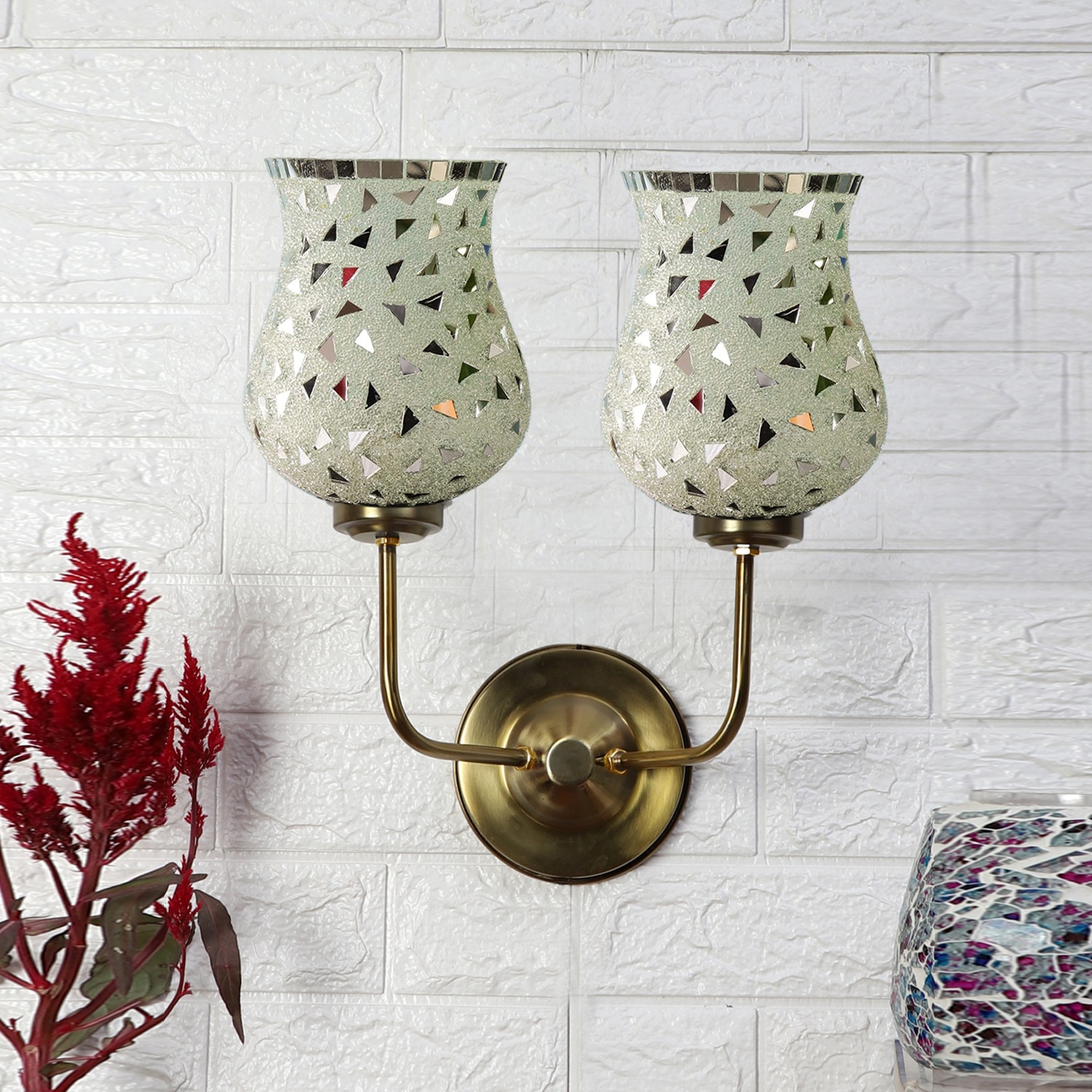 Devansh Metal Electric Wall Light in Gold Colour with Multicolor Shade Count of 2 Lights - Devansh