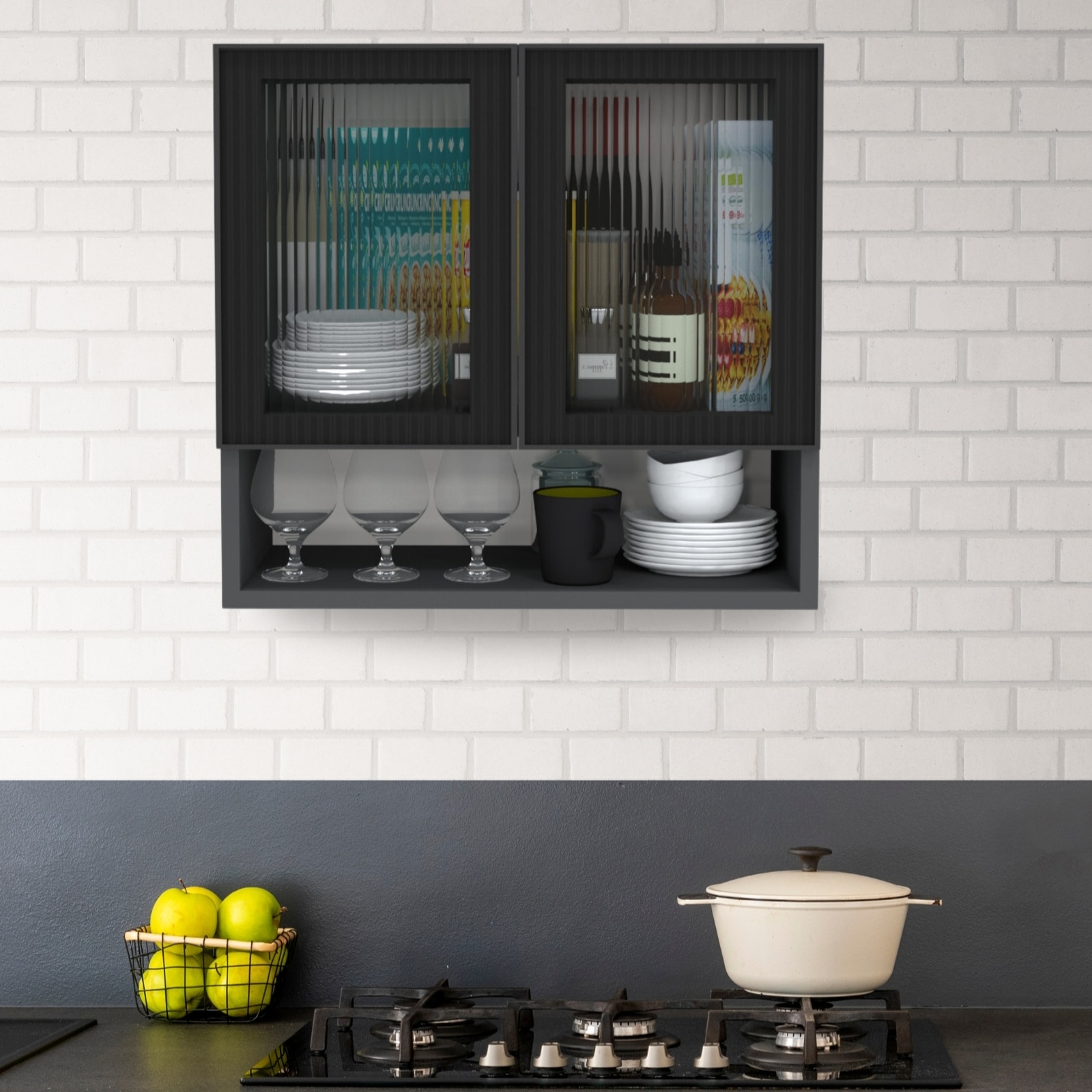 Aluminium Black Profile 2 Fluted Glass Handless Shutter With Space Organizer In Slate Grey Finish - Speciality Panels