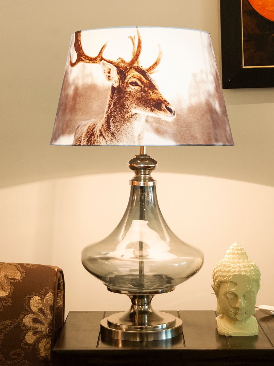 Delicea Blue Luster Metal and Glass Table Lamp With Printed Cotton Shade - Kapoor Lamp Shades
