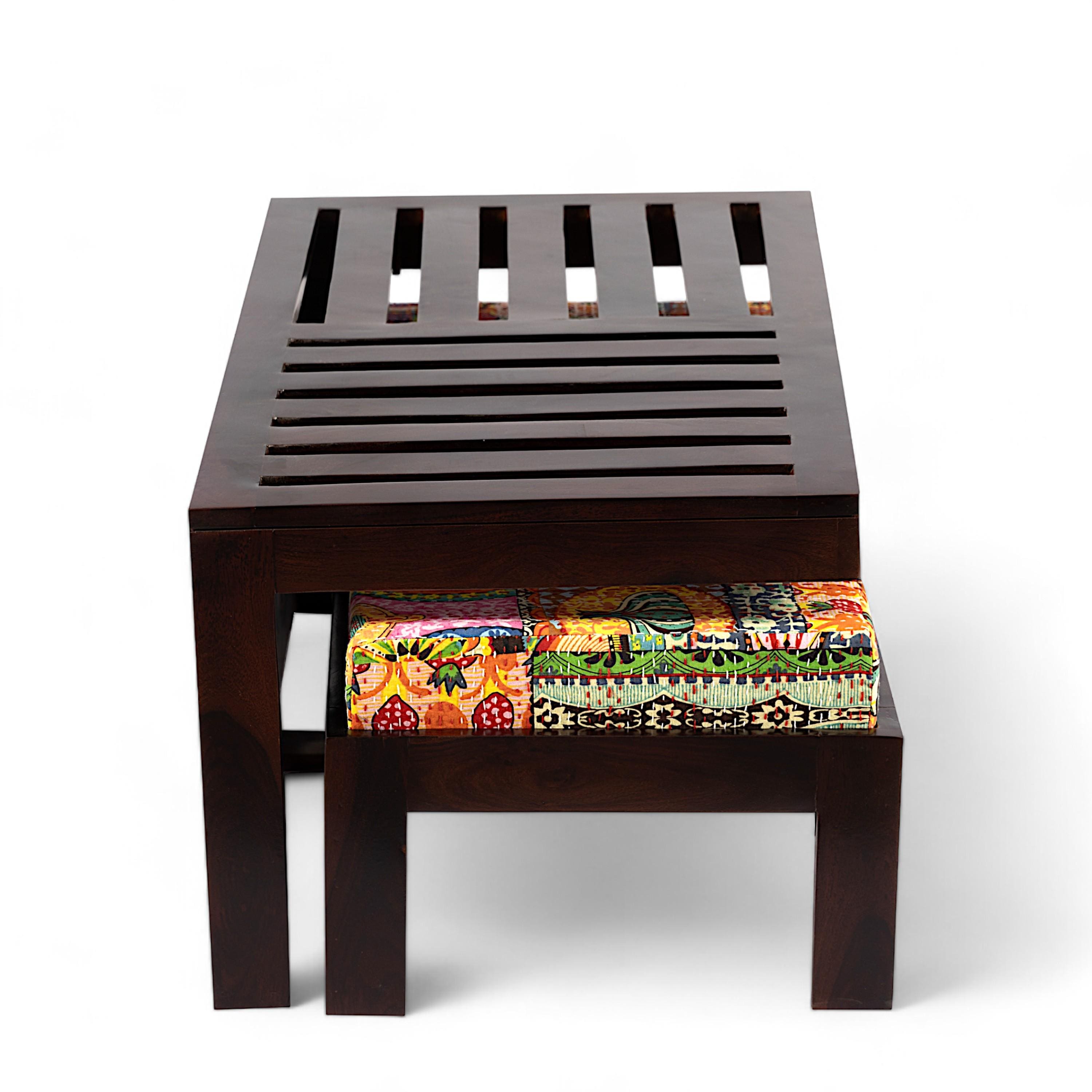 Irish Sheesham Wood Bohemian Coffee Table Set With 2 Stools In Dark Walnut Finish With Israel Print Patchwork Kantha Cushions