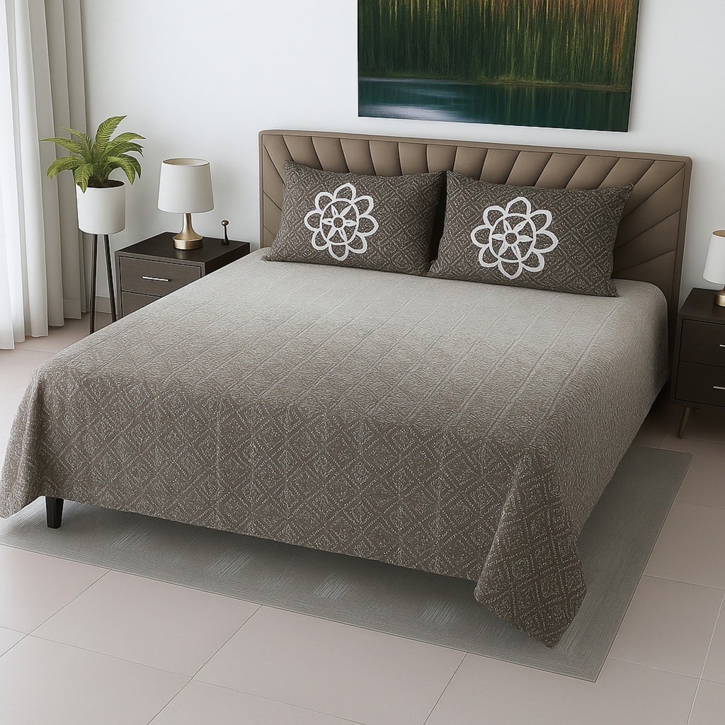 Green & White Abstract 400 TC Cotton Flat Super King Size Bedsheet With 2 Pilllow Covers