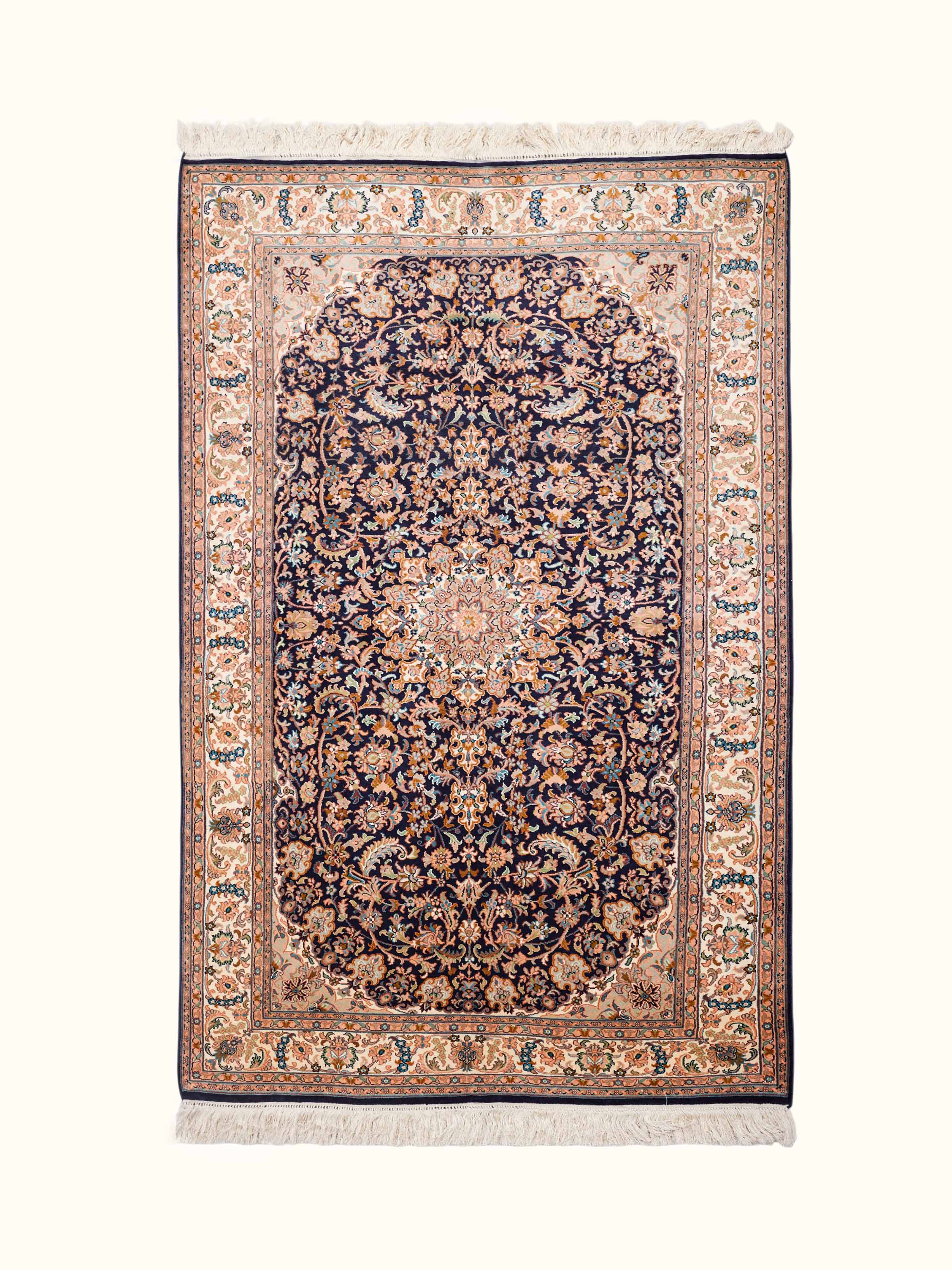 Traditional Persian Navy Ivory Kashan Kashmir Silk Hand-Knotted Carpet