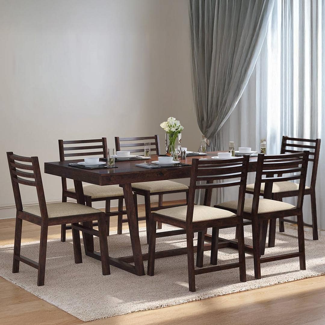 Caprica 6 Seater Dining Set (Colour- Sandshell Beige, Finish- Mango Walnut)