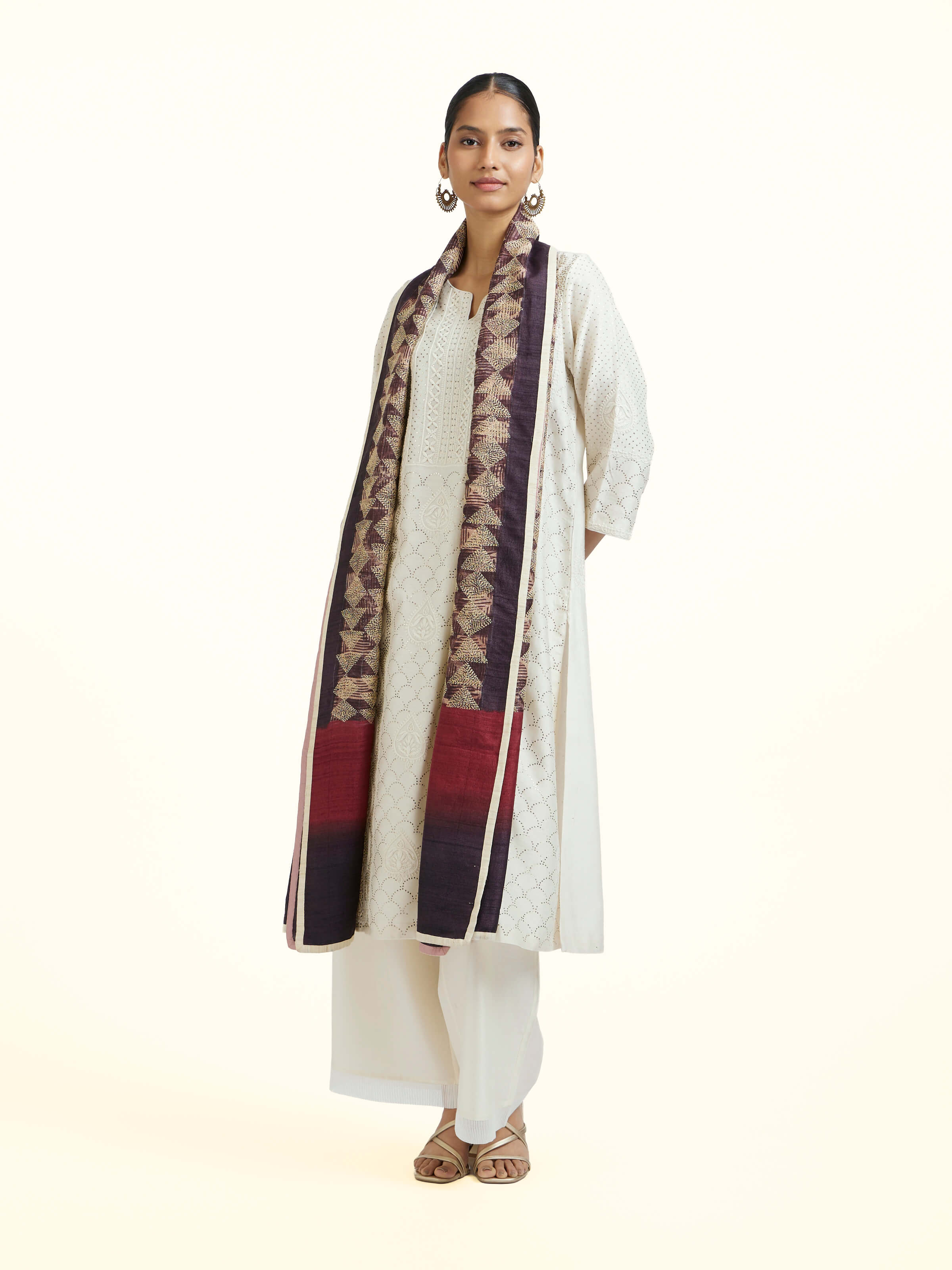 Grey Silk Kantha Hand Embroidered Dupatta