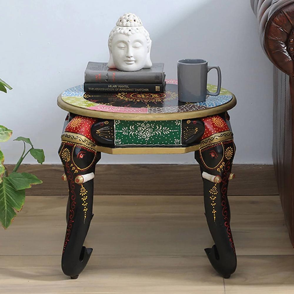 Finnian Solid Wood Hand painted End Table In Multicolour