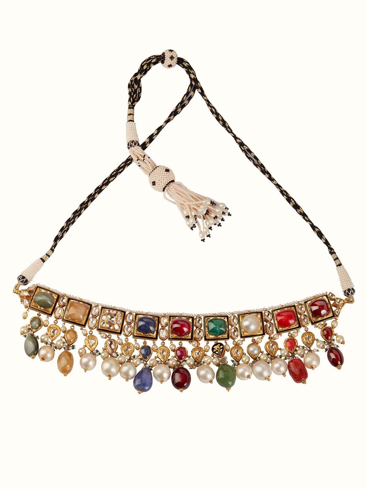 Front view of Nafeesa Jadau 18 Karat Gold Navaratna Choker highlighting the vibrant gemstones and intricate design