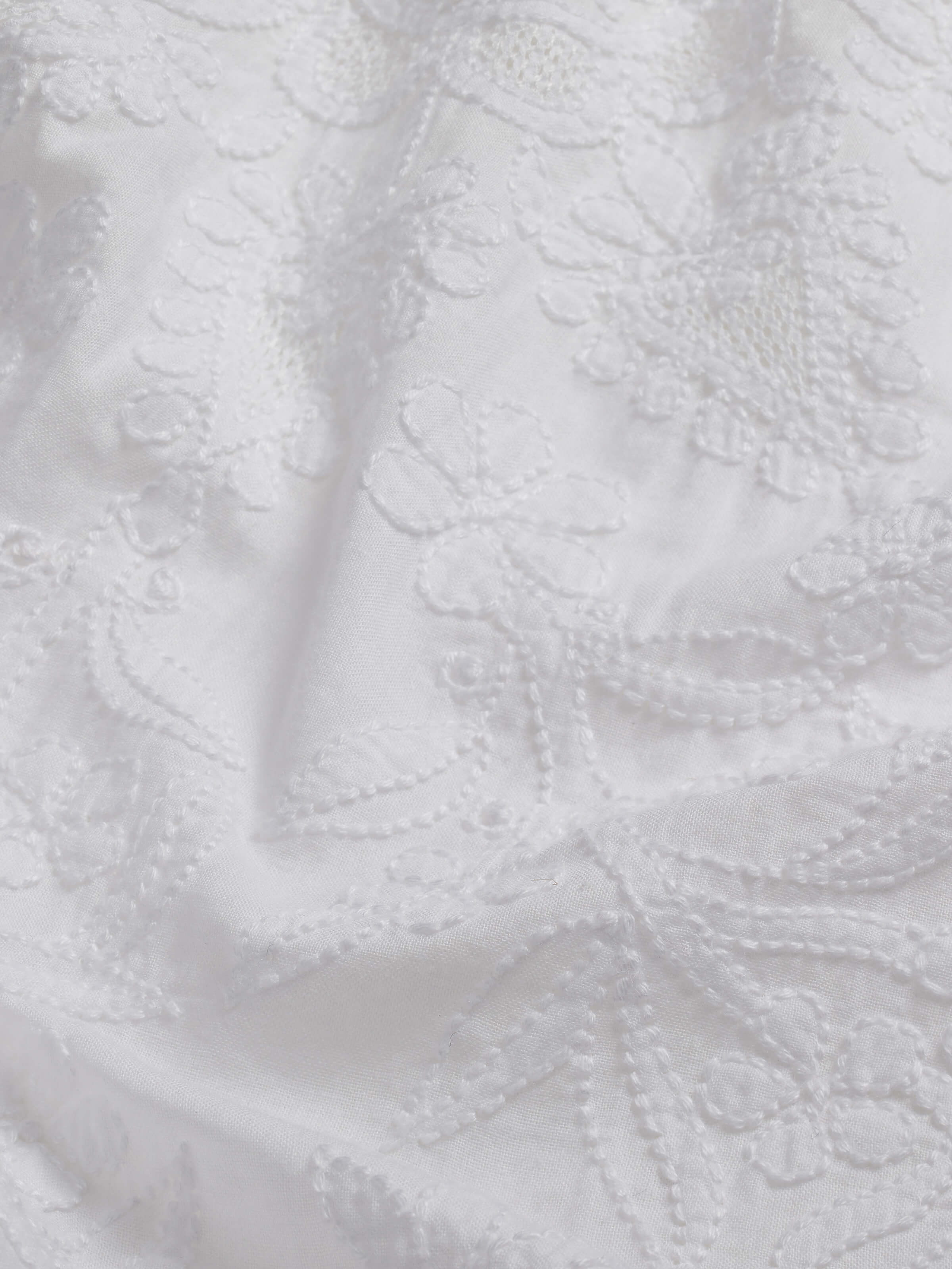 Detail shot of Ananda white Chikankari table cover highlighting fine hand embroidery in traditional buta pattern.