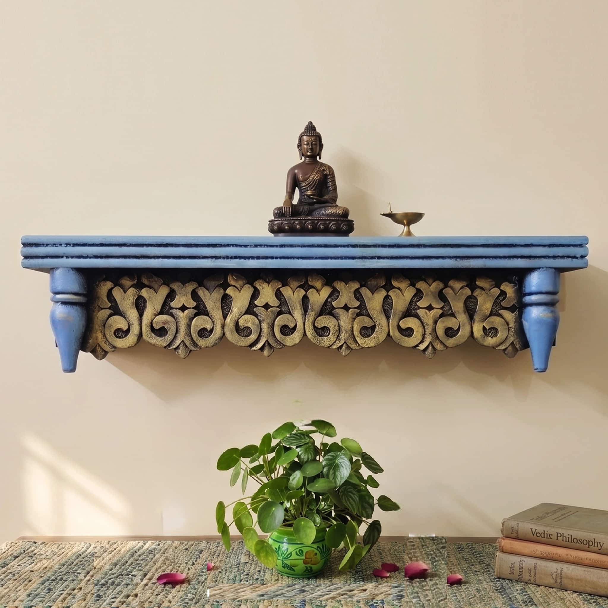 Multishade Colour Solid Wood Handcarved Kirti Stambha Floating Wall Shelf with distres finish by DisooFashions - Disoo Fashions