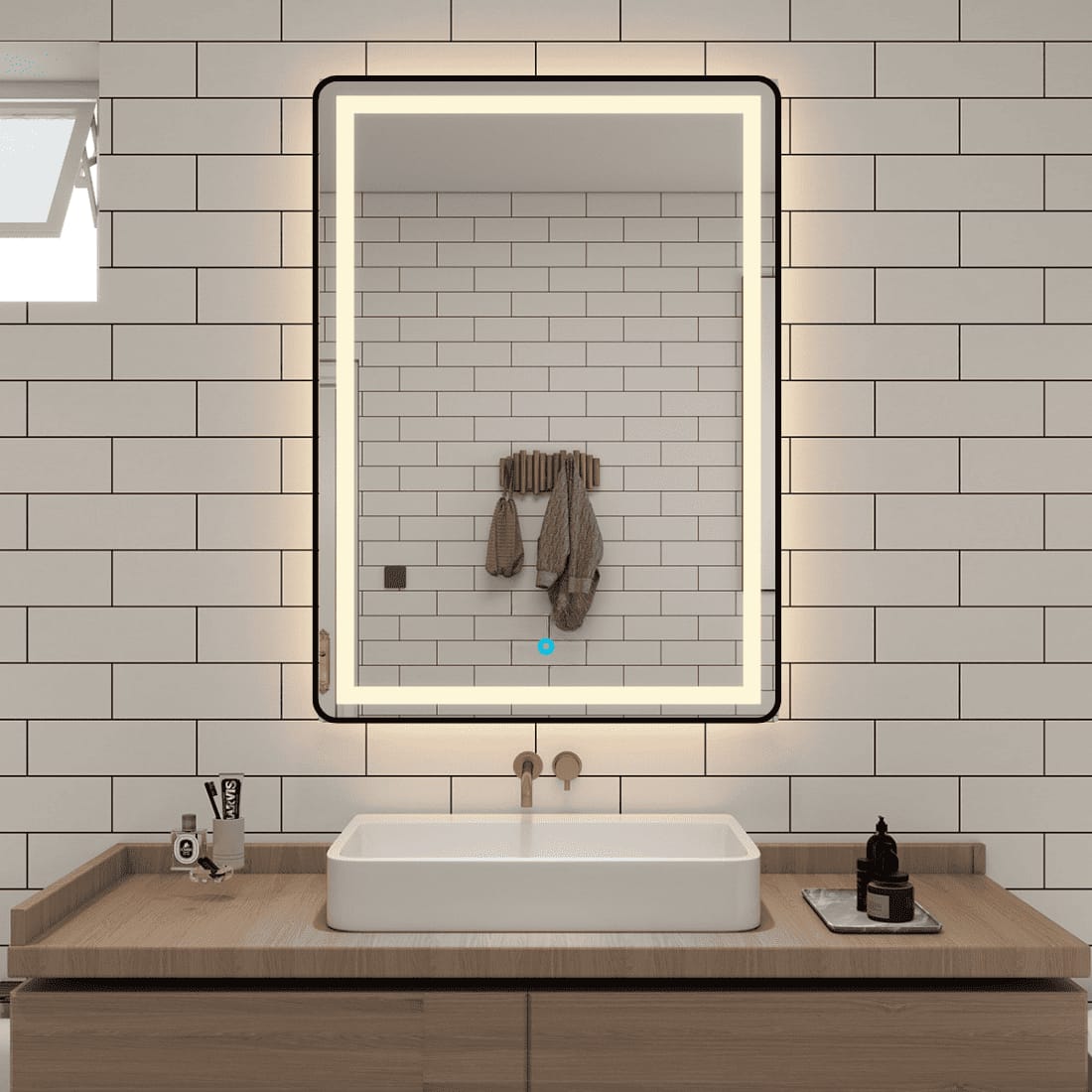 Modern Rectangular LED Mirror Black Stainless Steel Frame with Shelving