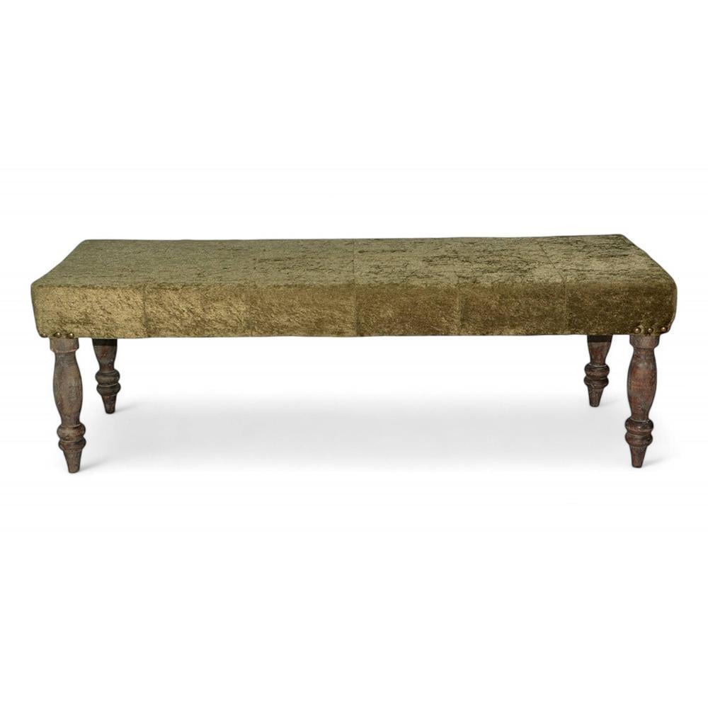 Cairo Solid Wood 2 Seater Bench In Green Sparkle Velvet Fabric