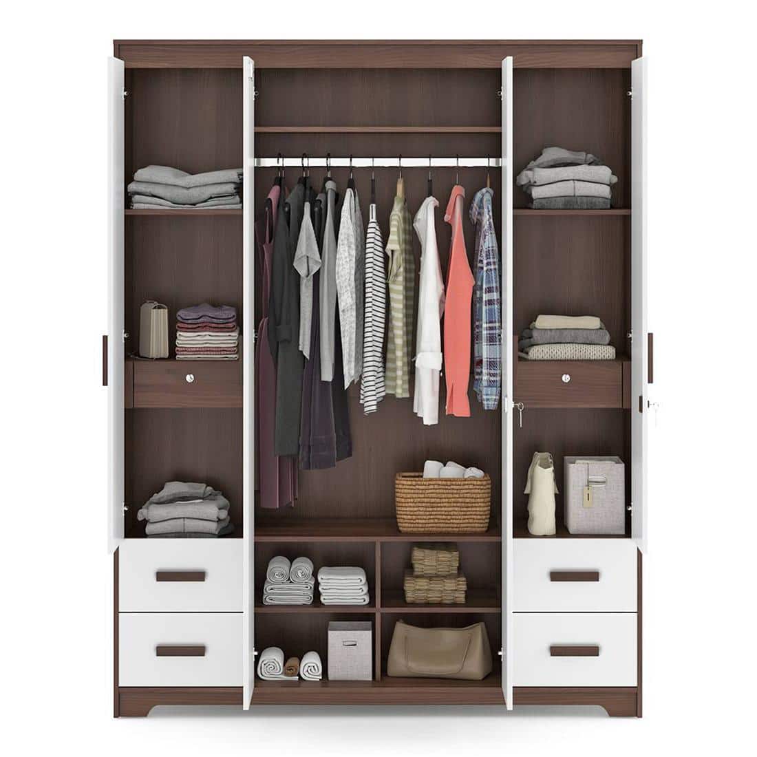 Miller 4 Doors 4 Drawers Wardrobe With Mirror and Lock in Two Tone Finish