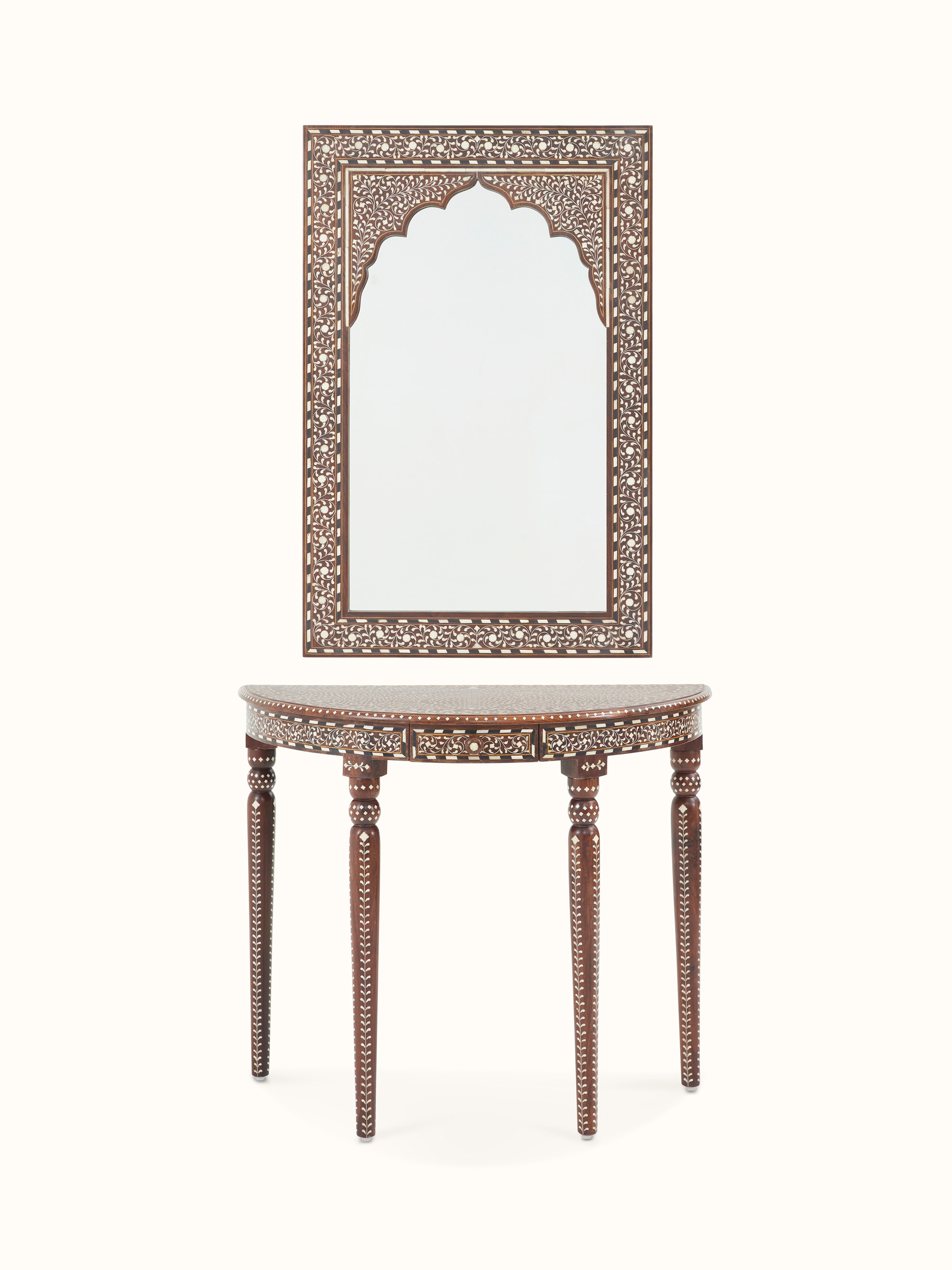 Sheesham wood dressing table with semicircular mirror console and intricate bone inlay detailing