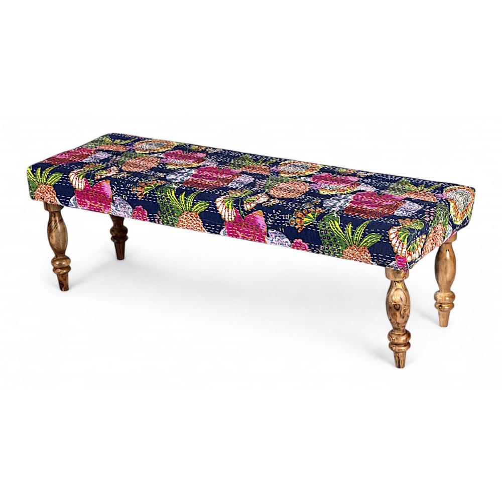 Cairo Sheesham Wood Mid Century 3 Seater Bench In Fruit Print Blue Kantha
