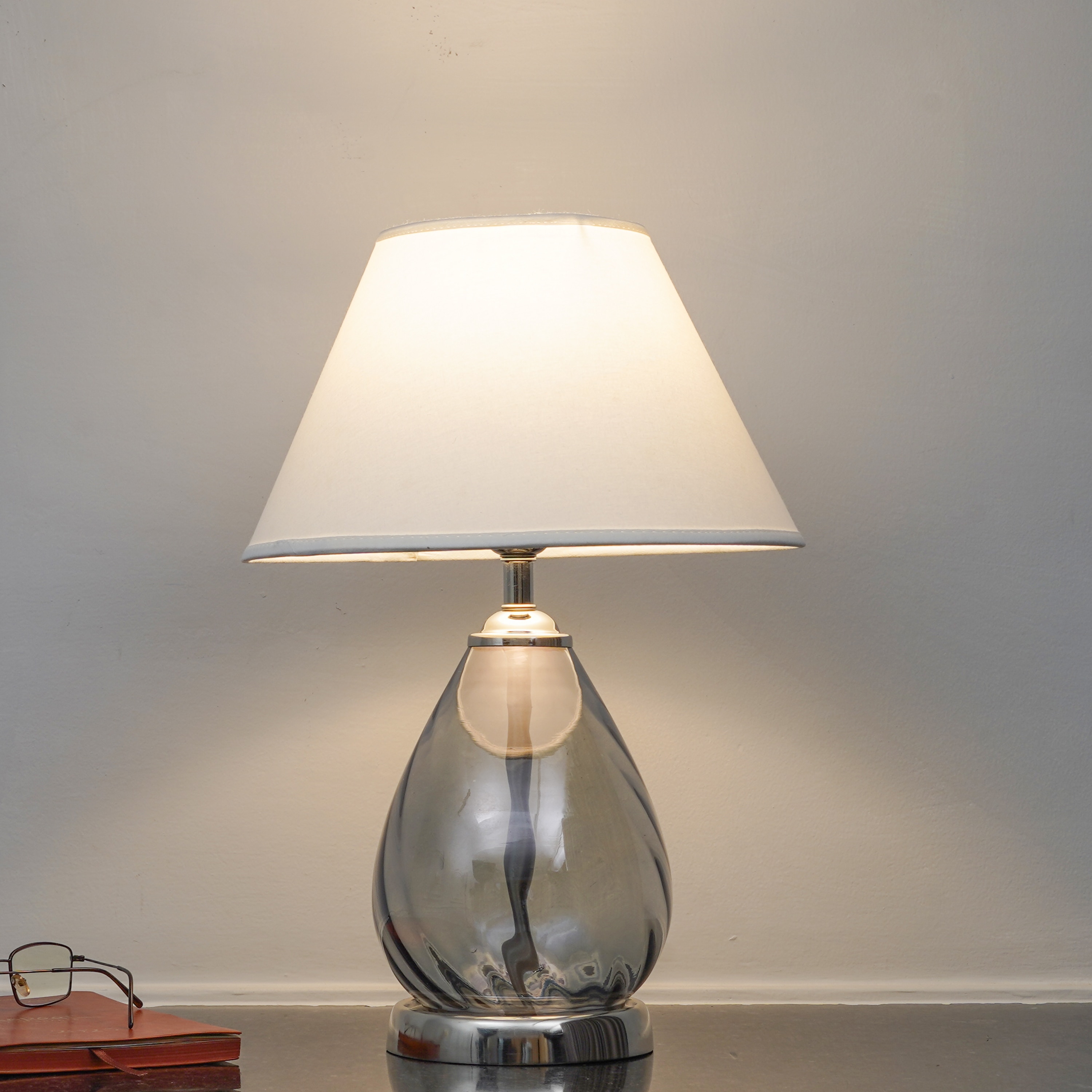 DECADE Blue Luster Glass and Metal Table Lamp With White Cotton Shade