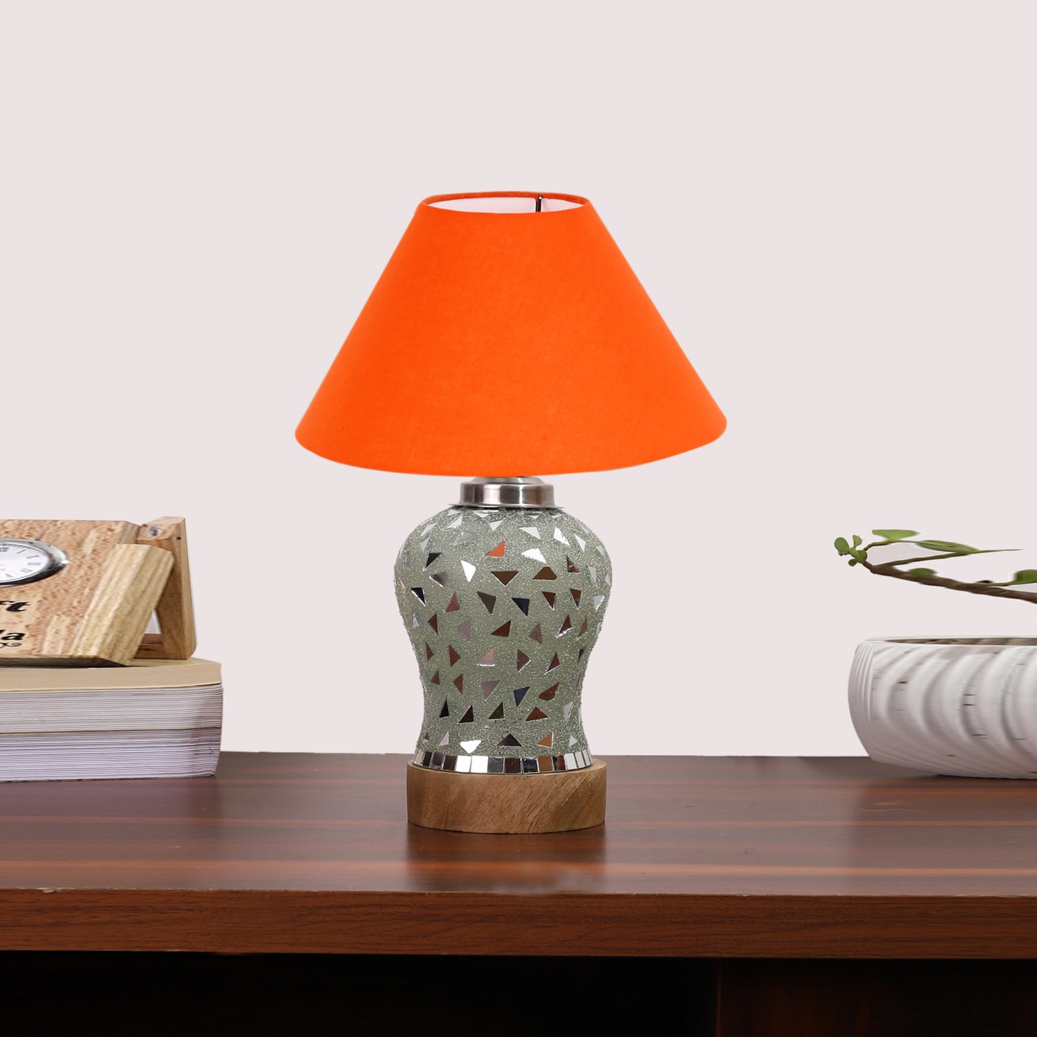 Devansh Conical Orange Cotton Shade Lamp With Wood & Mosaic Glass Base For Decoration/Office/Home/Gifting/Study For Decoration/Office/Home/Gifting/Study -(10X10X14.5) Inches -A