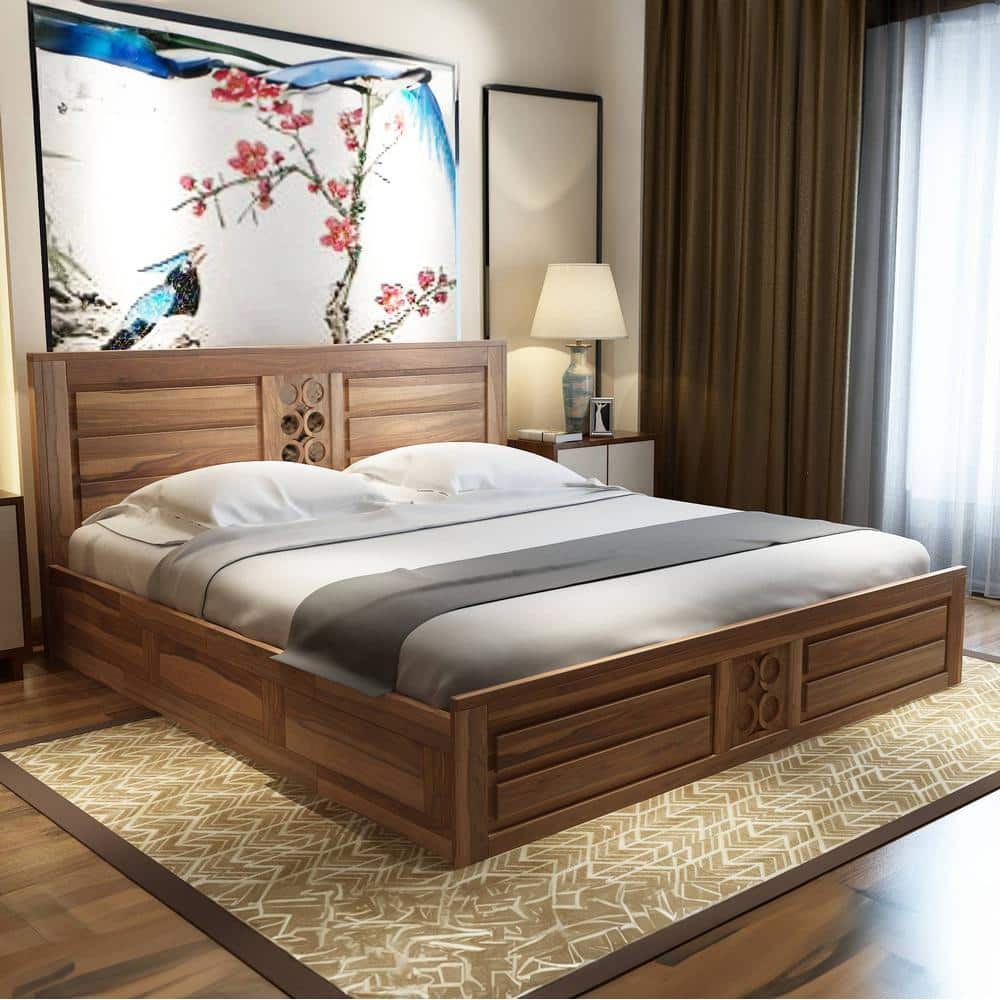 Dyla Sheesham Wood King Size Box Storage Bed In Teak Finish